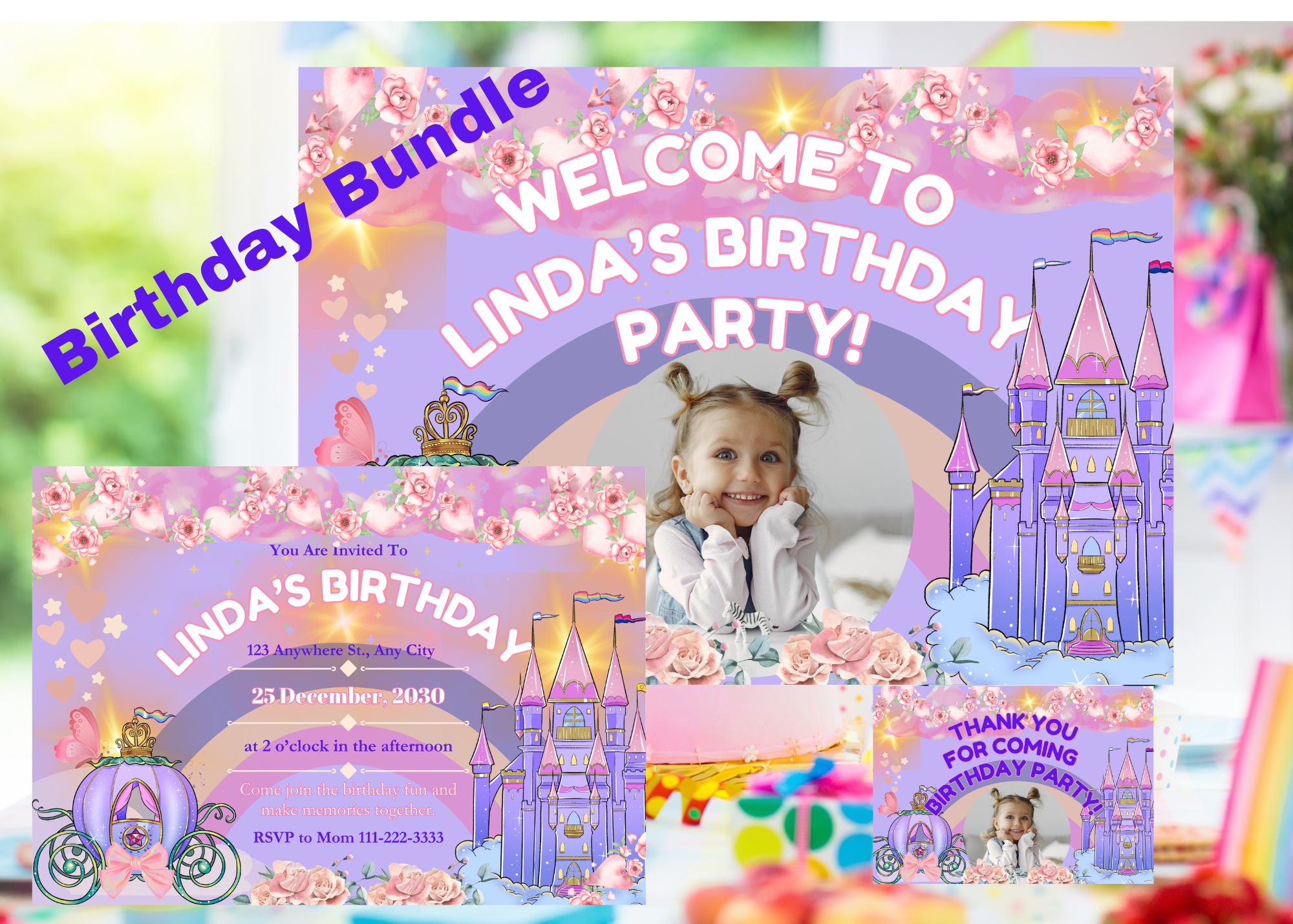 Princess Birthday Digital Bundle | Purple & Pink Castle Invitation, Party Poster, Thank You Card & Photo Template | Canva Editable | Instant Download
