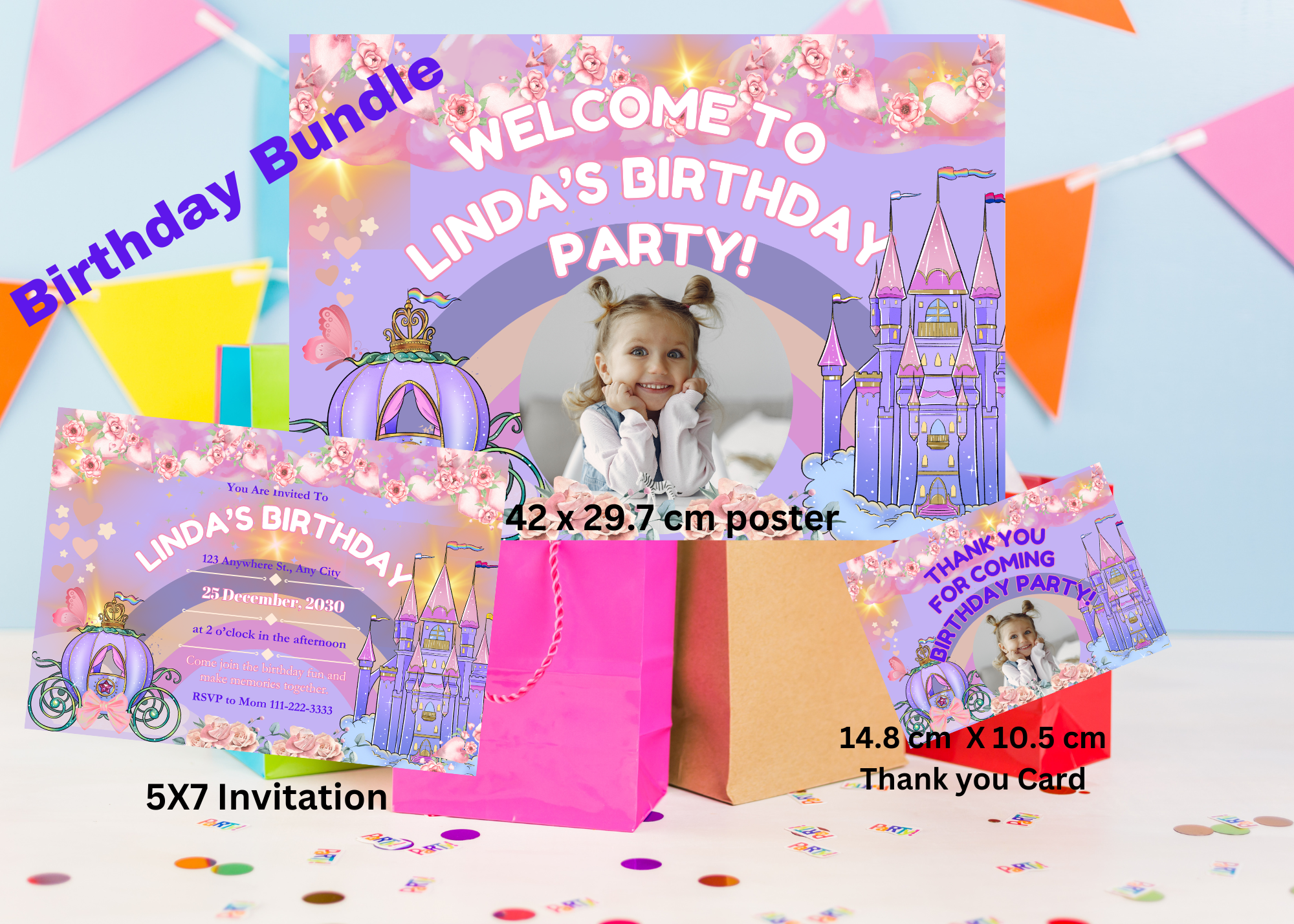 Princess Birthday Digital Bundle | Purple & Pink Castle Invitation, Party Poster, Thank You Card & Photo Template | Canva Editable | Instant Download