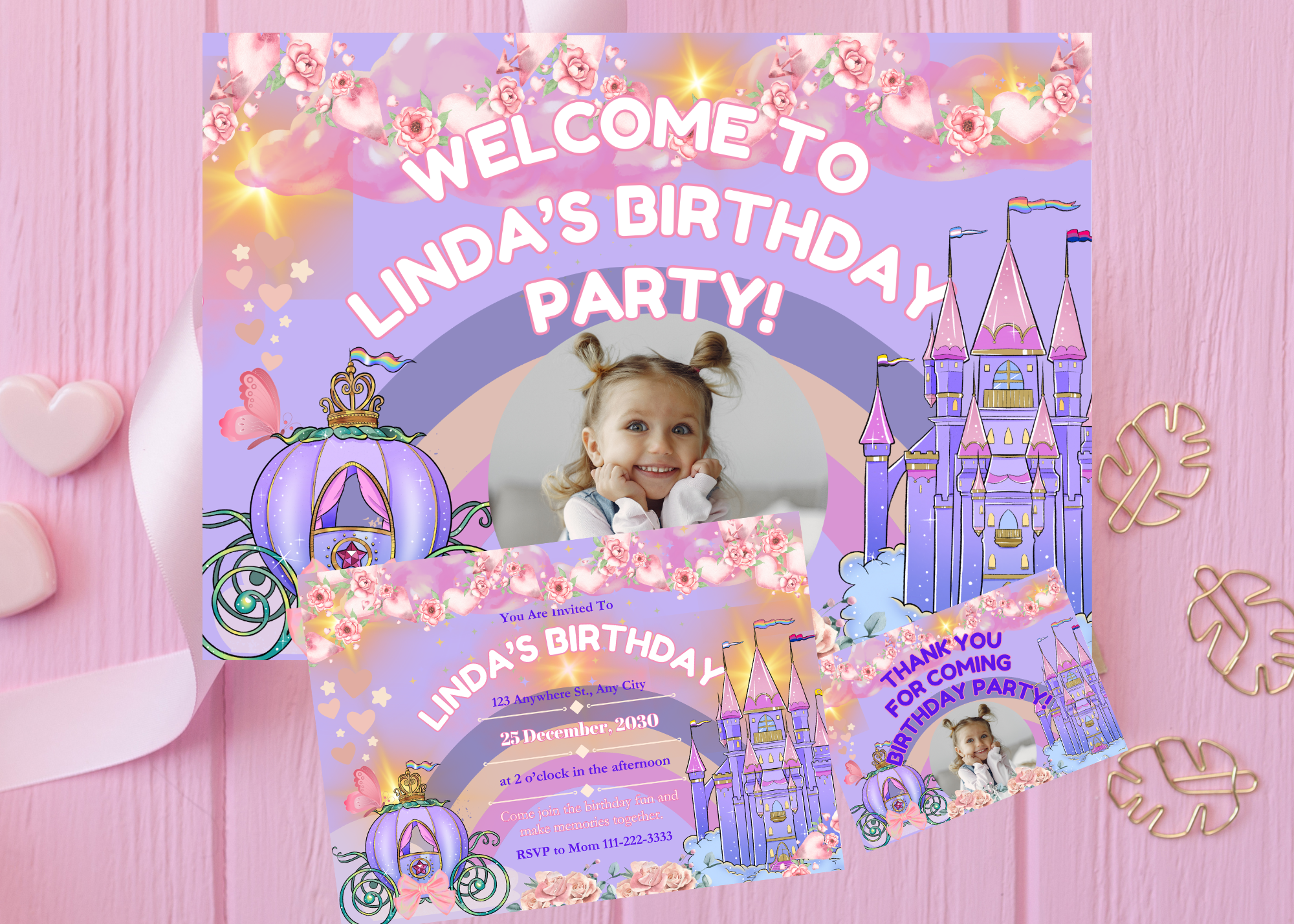 Princess Birthday Digital Bundle | Purple & Pink Castle Invitation, Party Poster, Thank You Card & Photo Template | Canva Editable | Instant Download