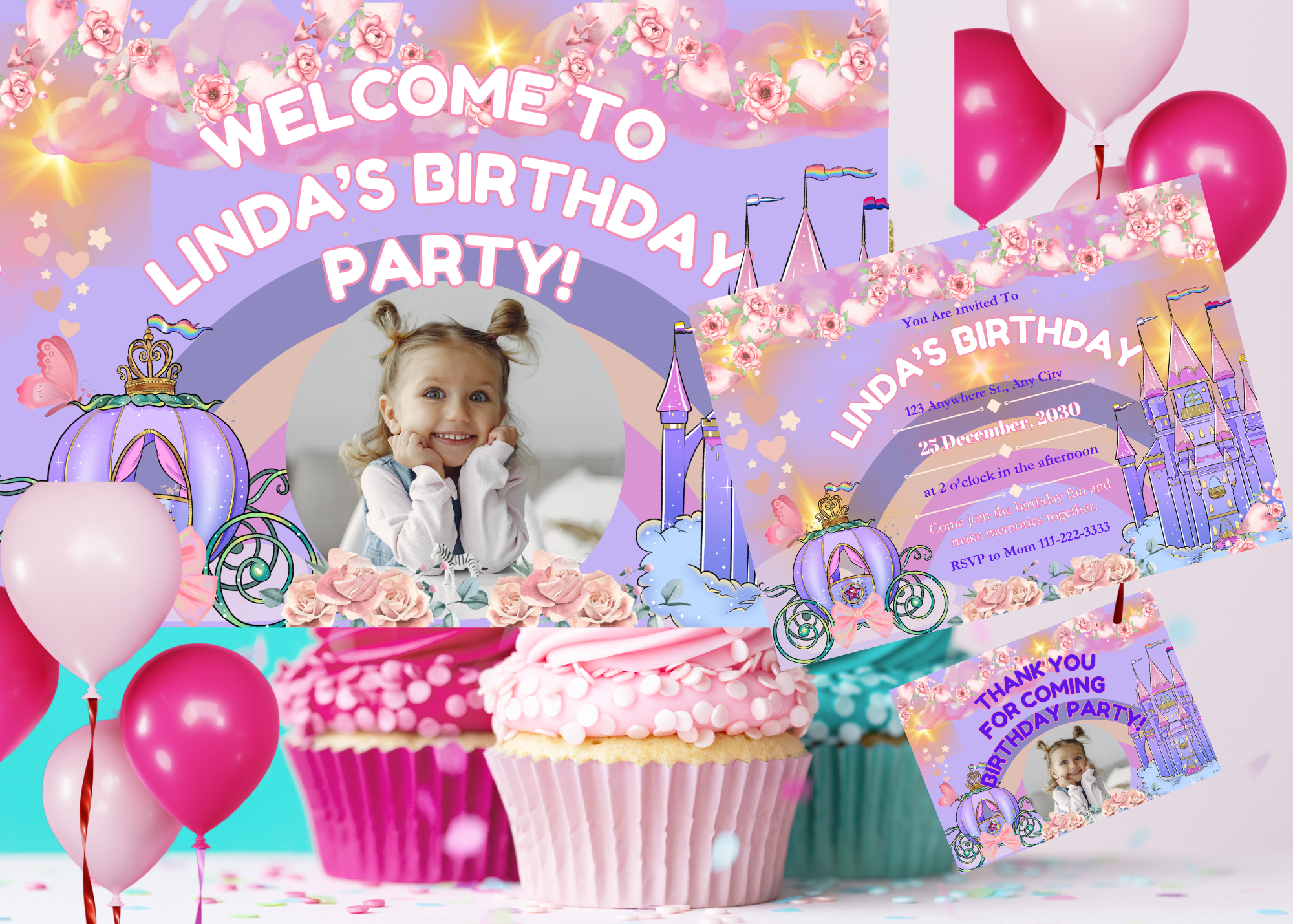 Princess Birthday Digital Bundle | Purple & Pink Castle Invitation, Party Poster, Thank You Card & Photo Template | Canva Editable | Instant Download