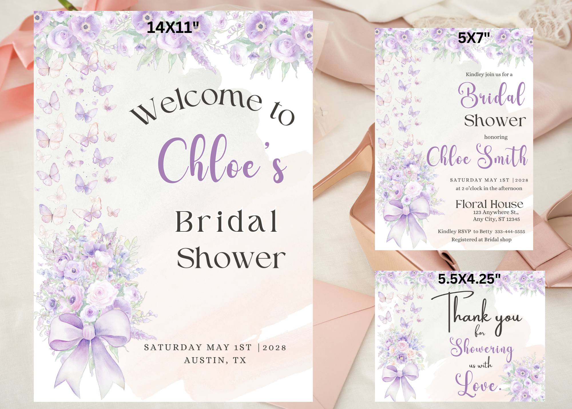 Lavender Floral Bridal Shower Bundle  | Invitation, Welcome Sign & Thank You Card | Editable Canva Template | Instant Download | Printable