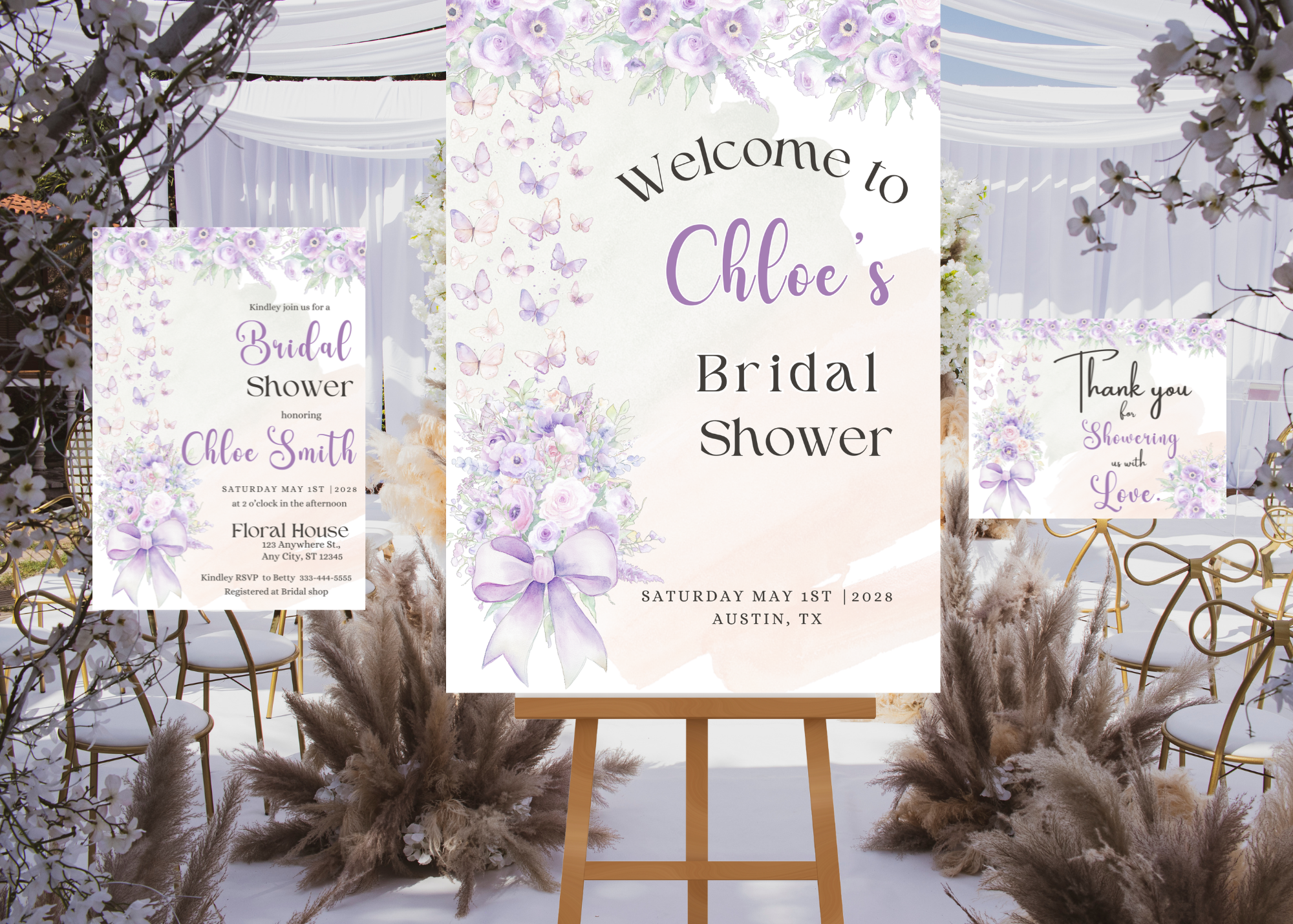Lavender Floral Bridal Shower Bundle | Invitation, Welcome Sign & Thank You Card | Editable Canva Template | Instant Download | Printable