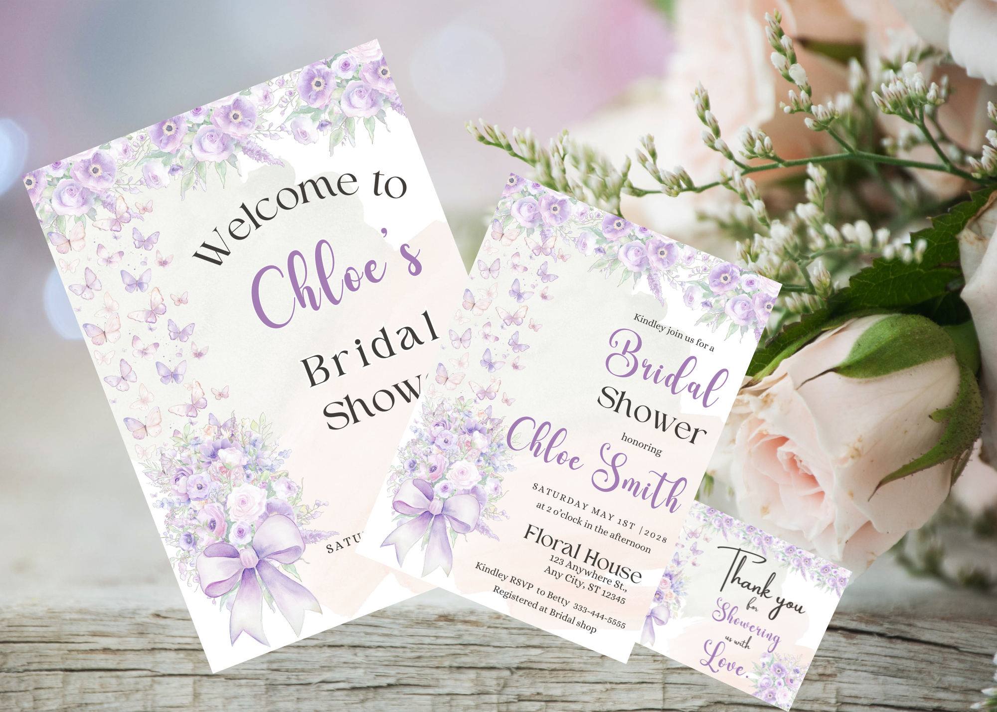 Lavender Floral Bridal Shower Bundle  | Invitation, Welcome Sign & Thank You Card | Editable Canva Template | Instant Download | Printable