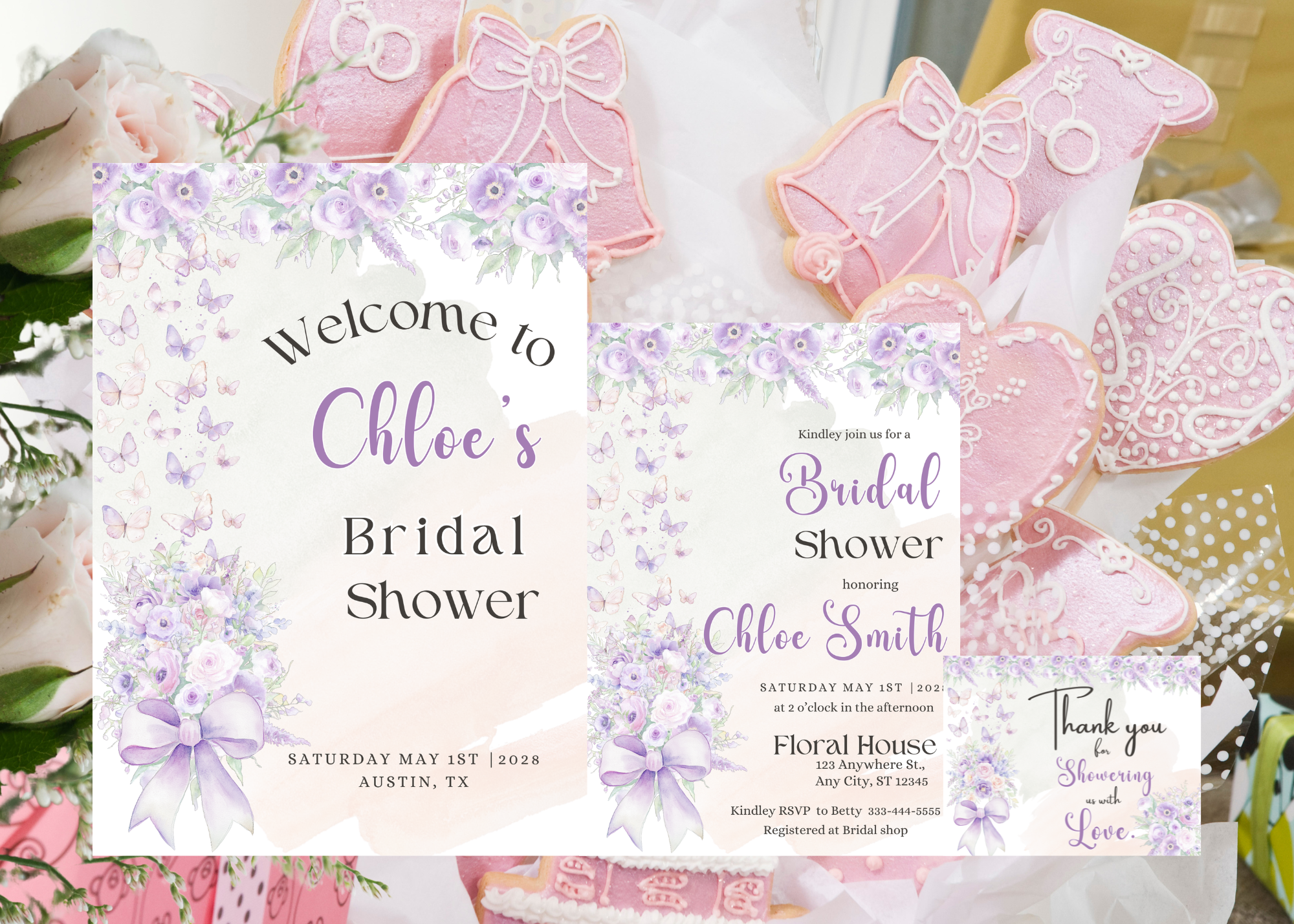 Lavender Floral Bridal Shower Bundle  | Invitation, Welcome Sign & Thank You Card | Editable Canva Template | Instant Download | Printable