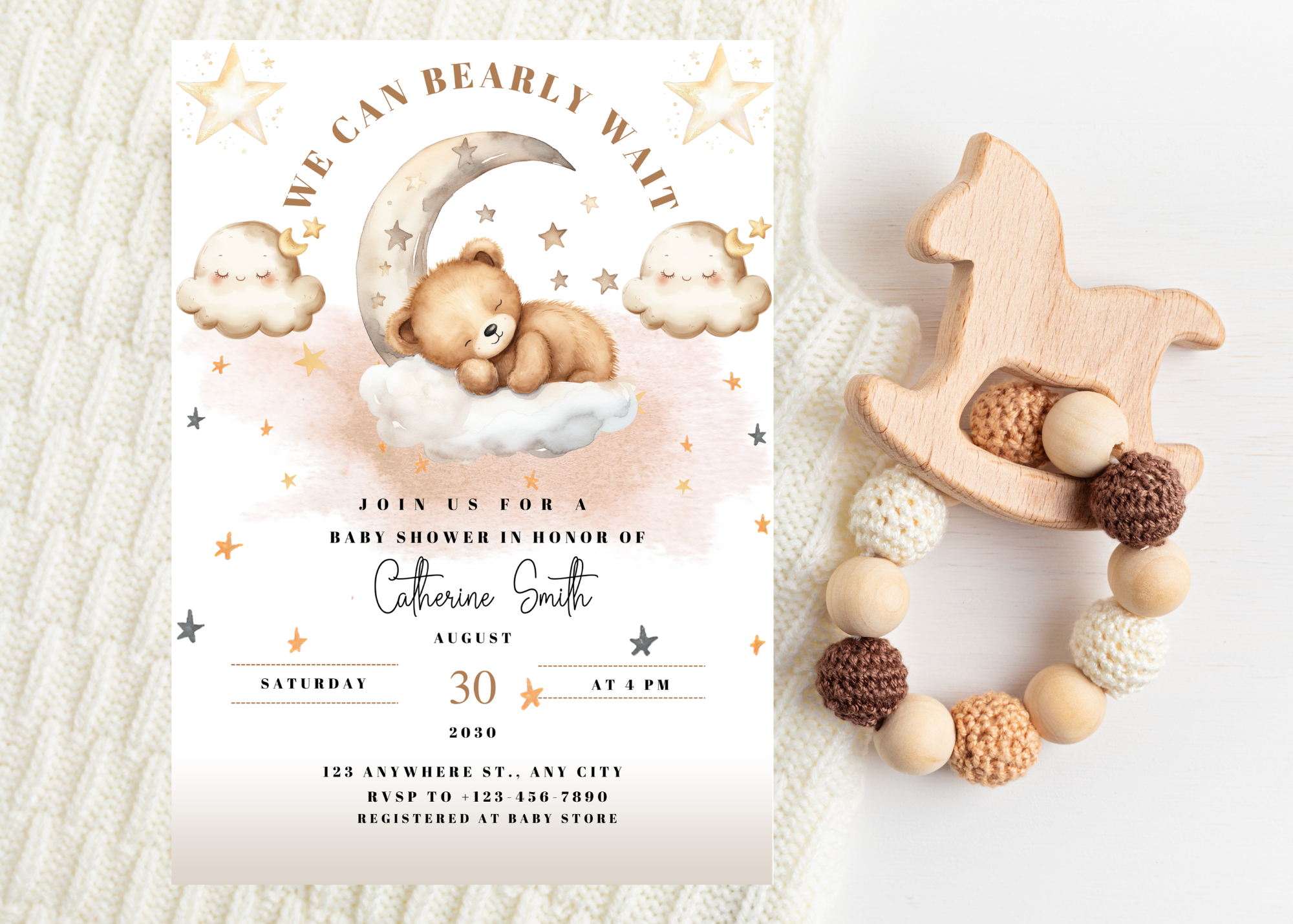 Can Bearly Wait Baby Shower Invitation | Teddy Bear on the Moon | Neutral Baby Shower Invite | Editable Canva Template | Digital Download
