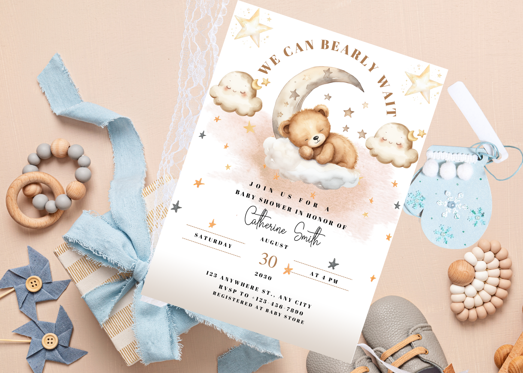 Can Bearly Wait Baby Shower Invitation | Teddy Bear on the Moon | Neutral Baby Shower Invite | Editable Canva Template | Digital Download