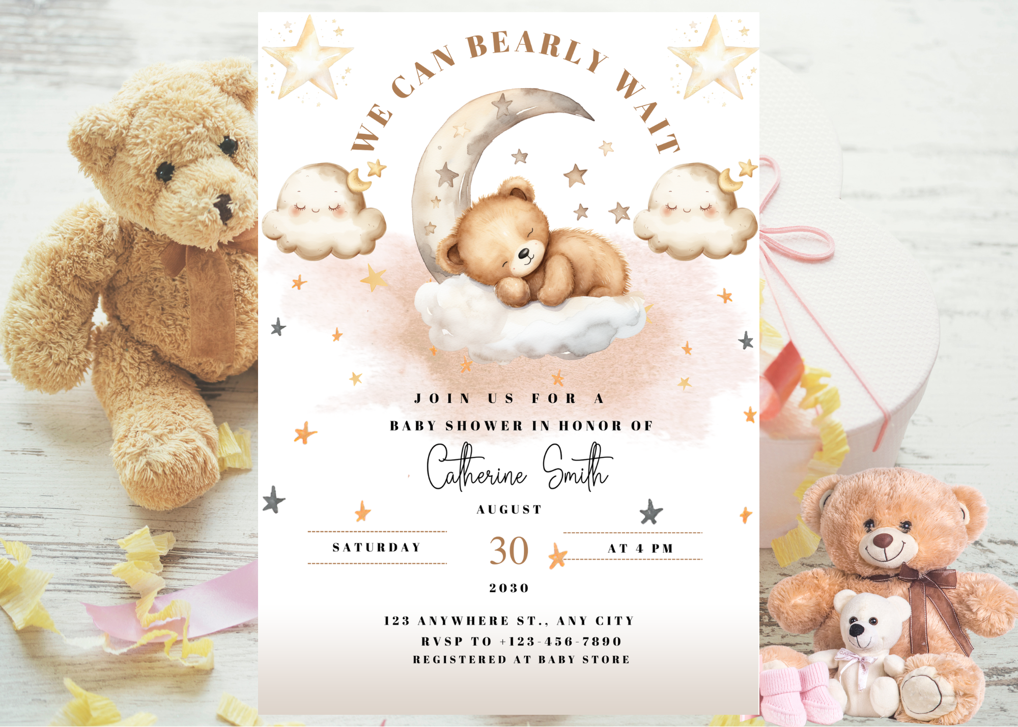 Can Bearly Wait Baby Shower Invitation | Teddy Bear on the Moon | Neutral Baby Shower Invite | Editable Canva Template | Digital Download