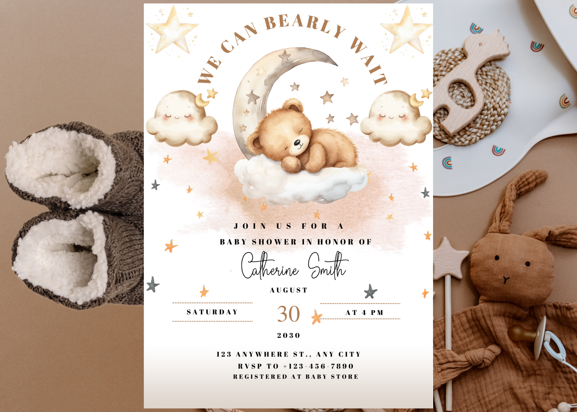 Can Bearly Wait Baby Shower Invitation | Teddy Bear on the Moon | Neutral Baby Shower Invite | Editable Canva Template | Digital Download