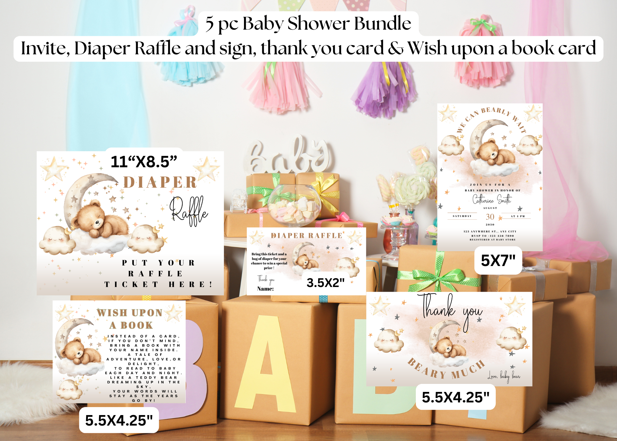 Can Bearly Wait Baby Shower Bundle | Teddy Bear on the Moon | Neutral Baby Shower Set | Invitation, Diaper Raffle, Thank You Card, Wishes for Baby | Canva Template | 5 pc bundle