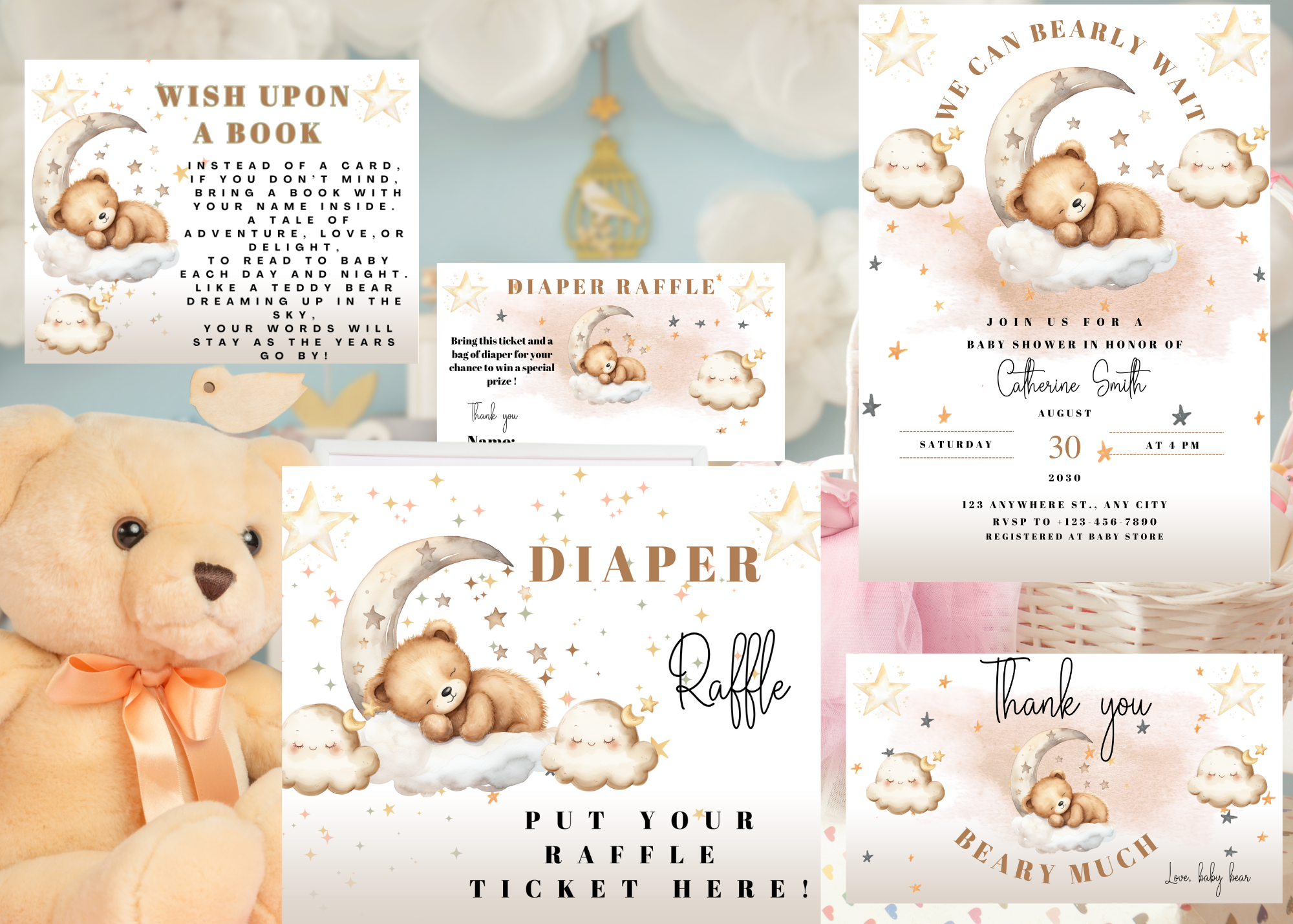 Can Bearly Wait Baby Shower Bundle | Teddy Bear on the Moon | Neutral Baby Shower Set | Invitation, Diaper Raffle, Thank You Card, Wishes for Baby | Canva Template | 5 pc bundle
