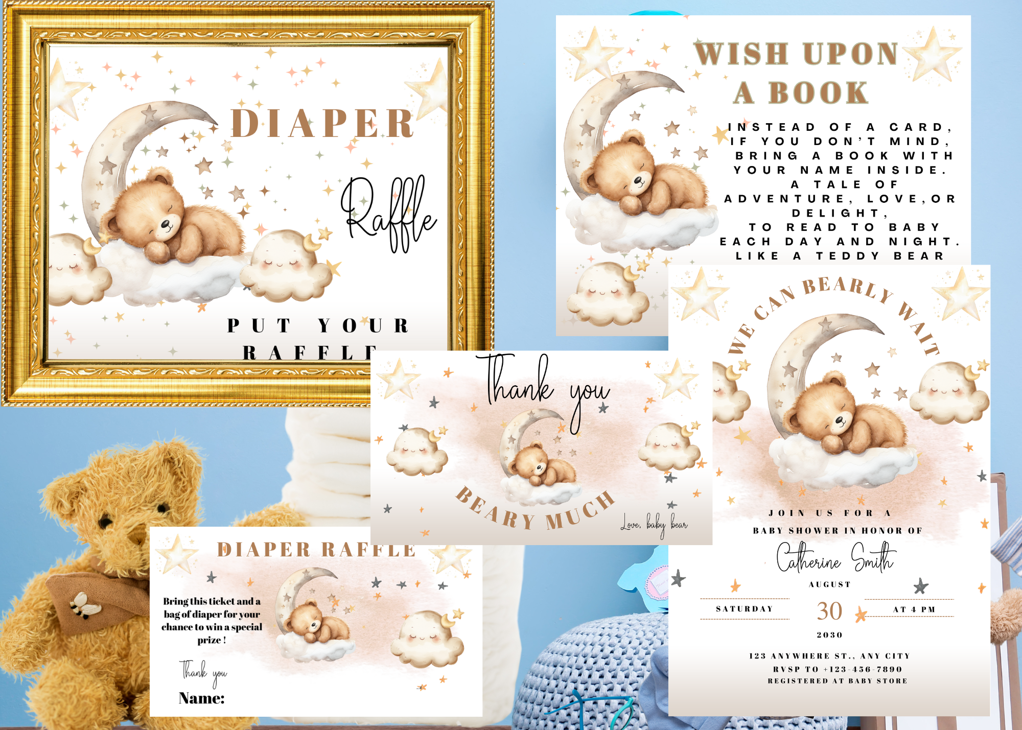 Can Bearly Wait Baby Shower Bundle | Teddy Bear on the Moon | Neutral Baby Shower Set | Invitation, Diaper Raffle, Thank You Card, Wishes for Baby | Canva Template | 5 pc bundle