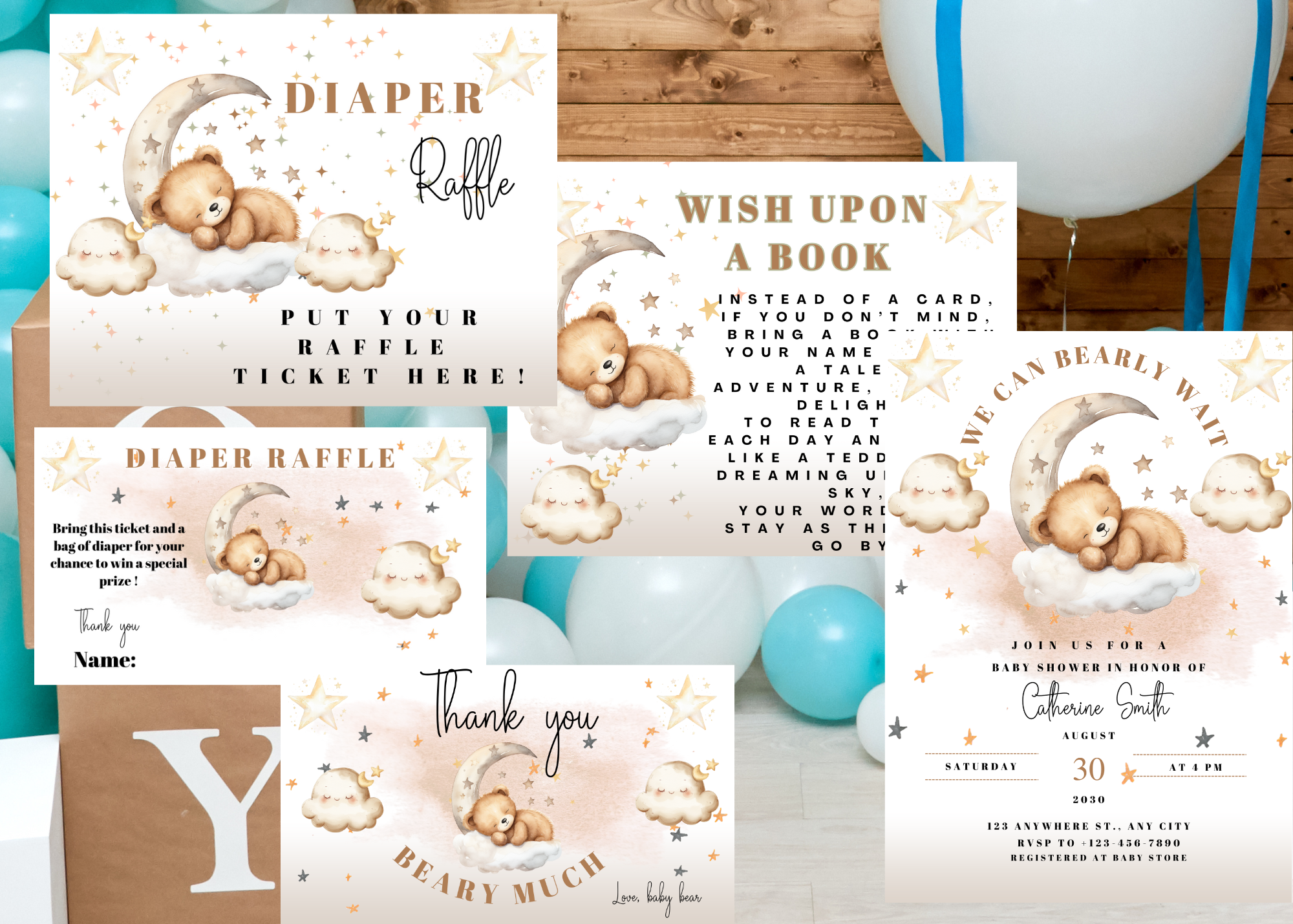 Can Bearly Wait Baby Shower Bundle | Teddy Bear on the Moon | Neutral Baby Shower Set | Invitation, Diaper Raffle, Thank You Card, Wishes for Baby | Canva Template | 5 pc bundle