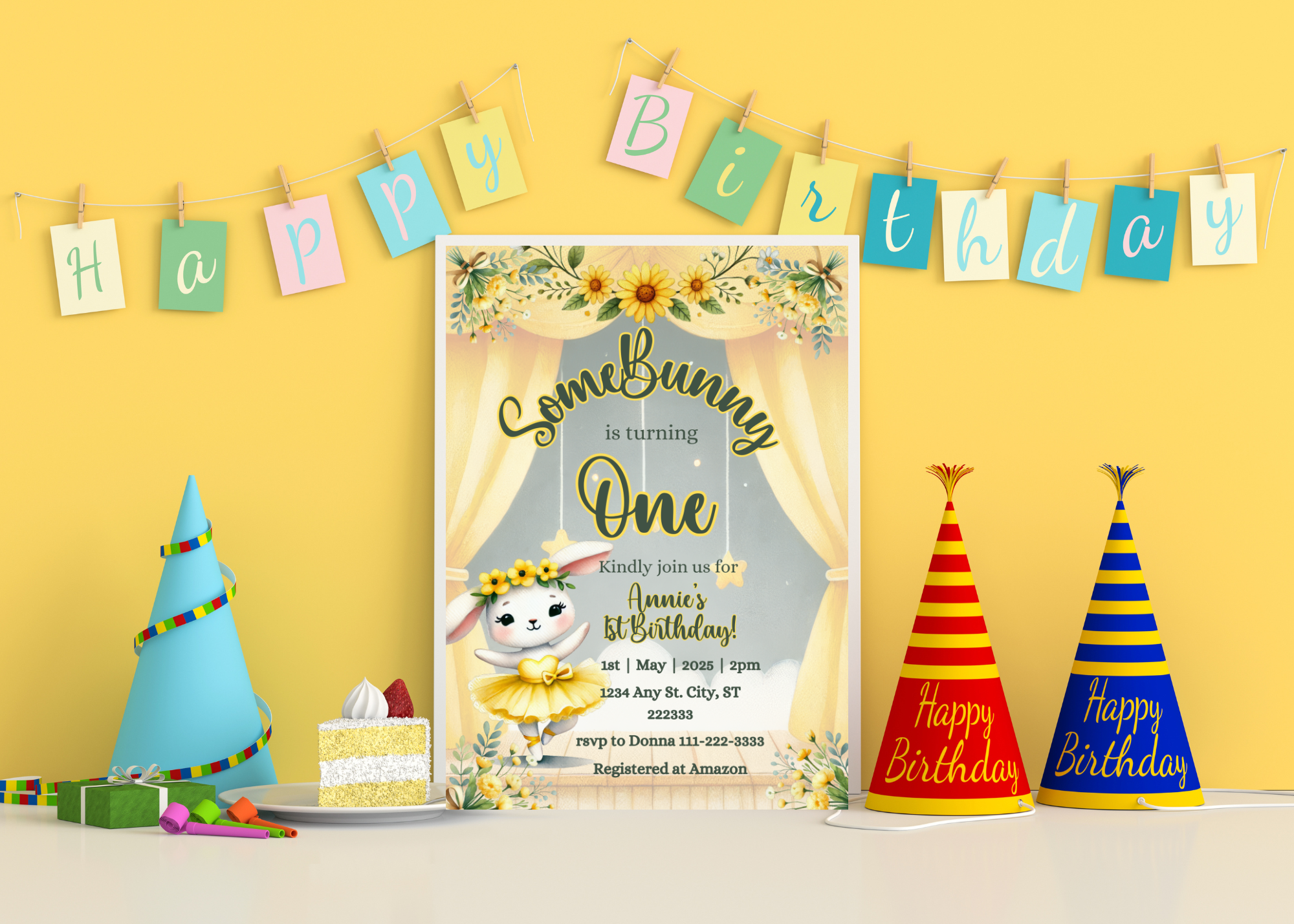 Somebunny Is One Invitation - Floral Bunny Ballerina 1st Birthday Invite | Yellow & White Bunny Birthday | Editable Canva Template | Instant Digital Download
