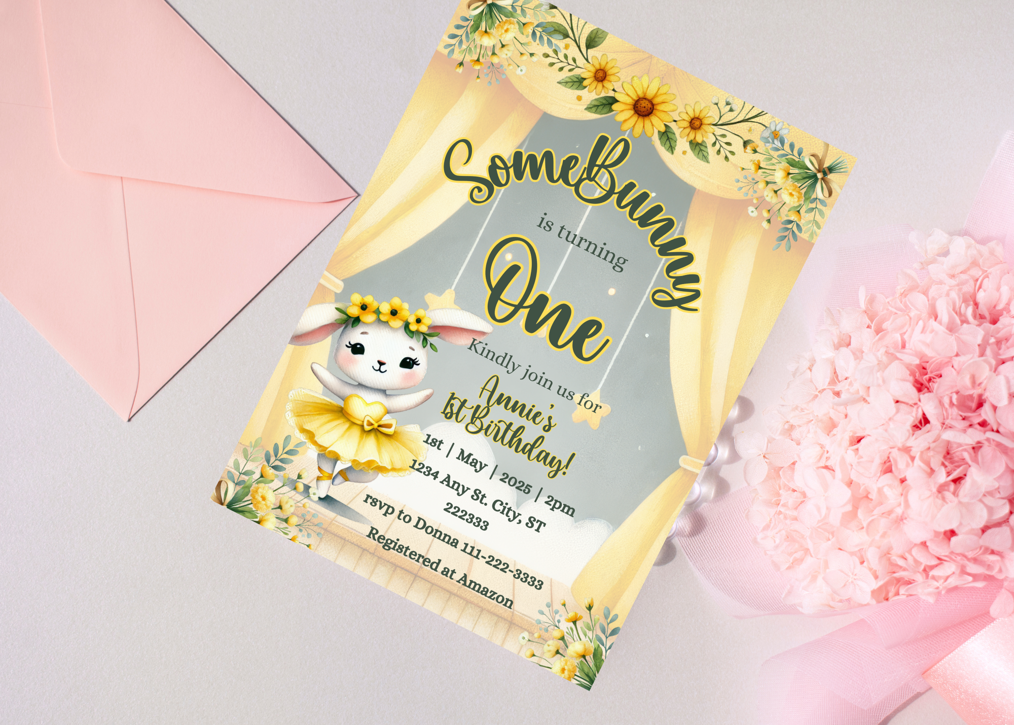 Somebunny Is One Invitation - Floral Bunny Ballerina 1st Birthday Invite | Yellow & White Bunny Birthday | Editable Canva Template | Instant Digital Download