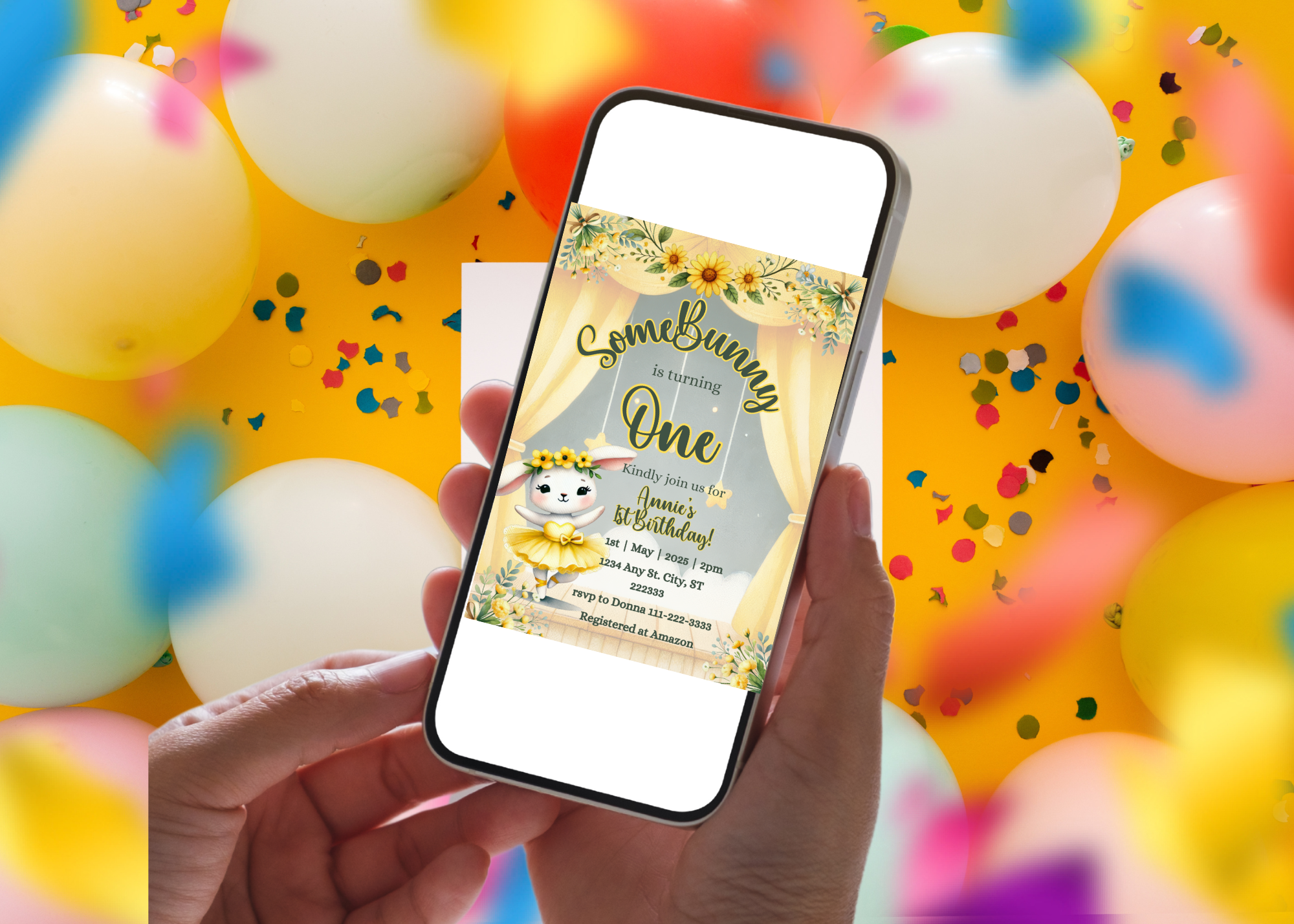 Somebunny Is One Invitation - Floral Bunny Ballerina 1st Birthday Invite | Yellow & White Bunny Birthday | Editable Canva Template | Instant Digital Download