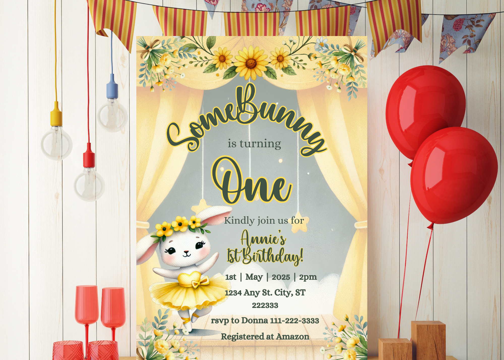 Somebunny Is One Invitation - Floral Bunny Ballerina 1st Birthday Invite | Yellow & White Bunny Birthday | Editable Canva Template | Instant Digital Download