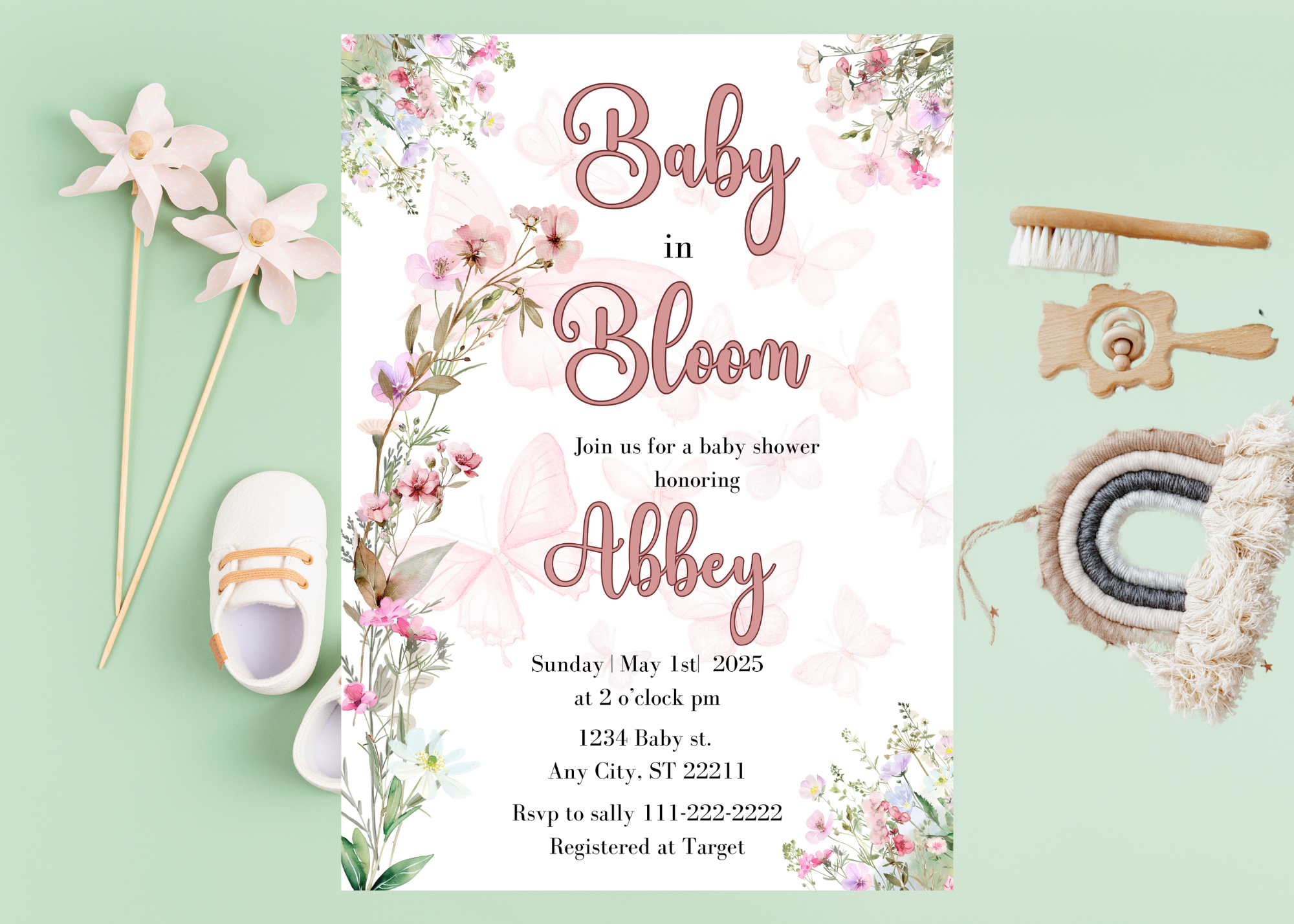 Baby in Bloom Baby Shower Invitation | Wildflower Watercolor Baby Shower | Editable Canva Template | Digital Download | Floral Baby Shower Invite