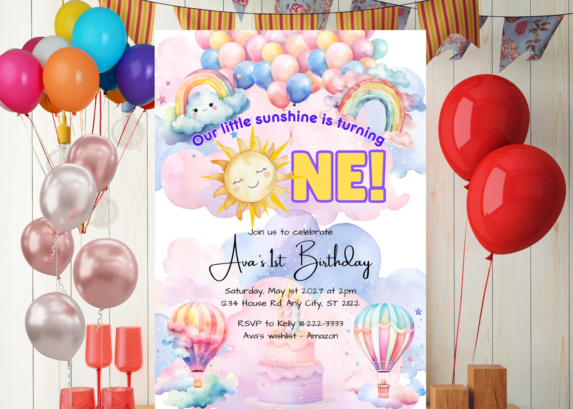Sunshine Rainbows Invitation | Our Little Sunshine is Turning ONE! | Digital Download | Canva Template | editable Text | 1st birthday