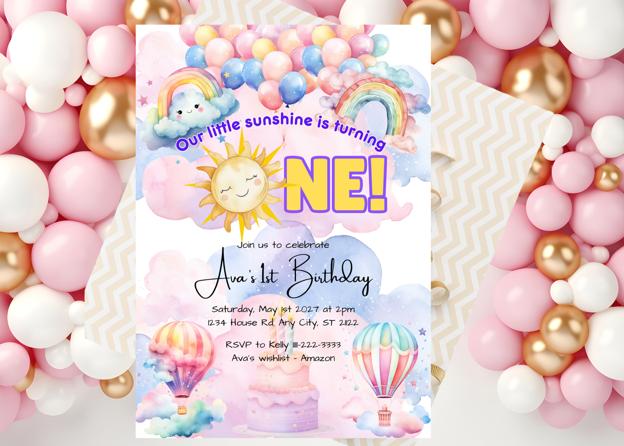 Sunshine Rainbows Invitation | Our Little Sunshine is Turning ONE! | Digital Download | Canva Template | editable Text | 1st birthday