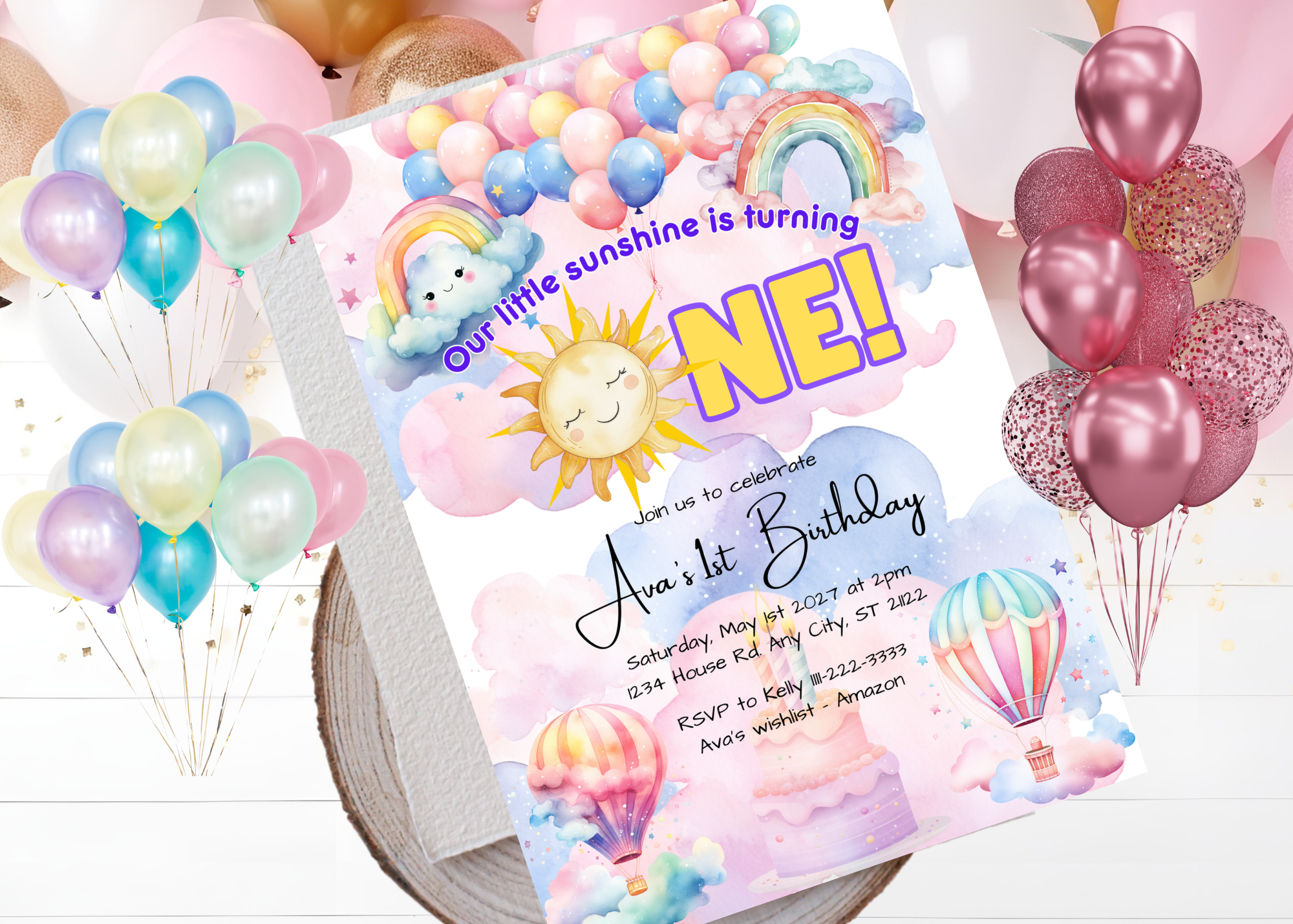 Sunshine Rainbows Invitation | Our Little Sunshine is Turning ONE! | Digital Download | Canva Template | editable Text | 1st birthday