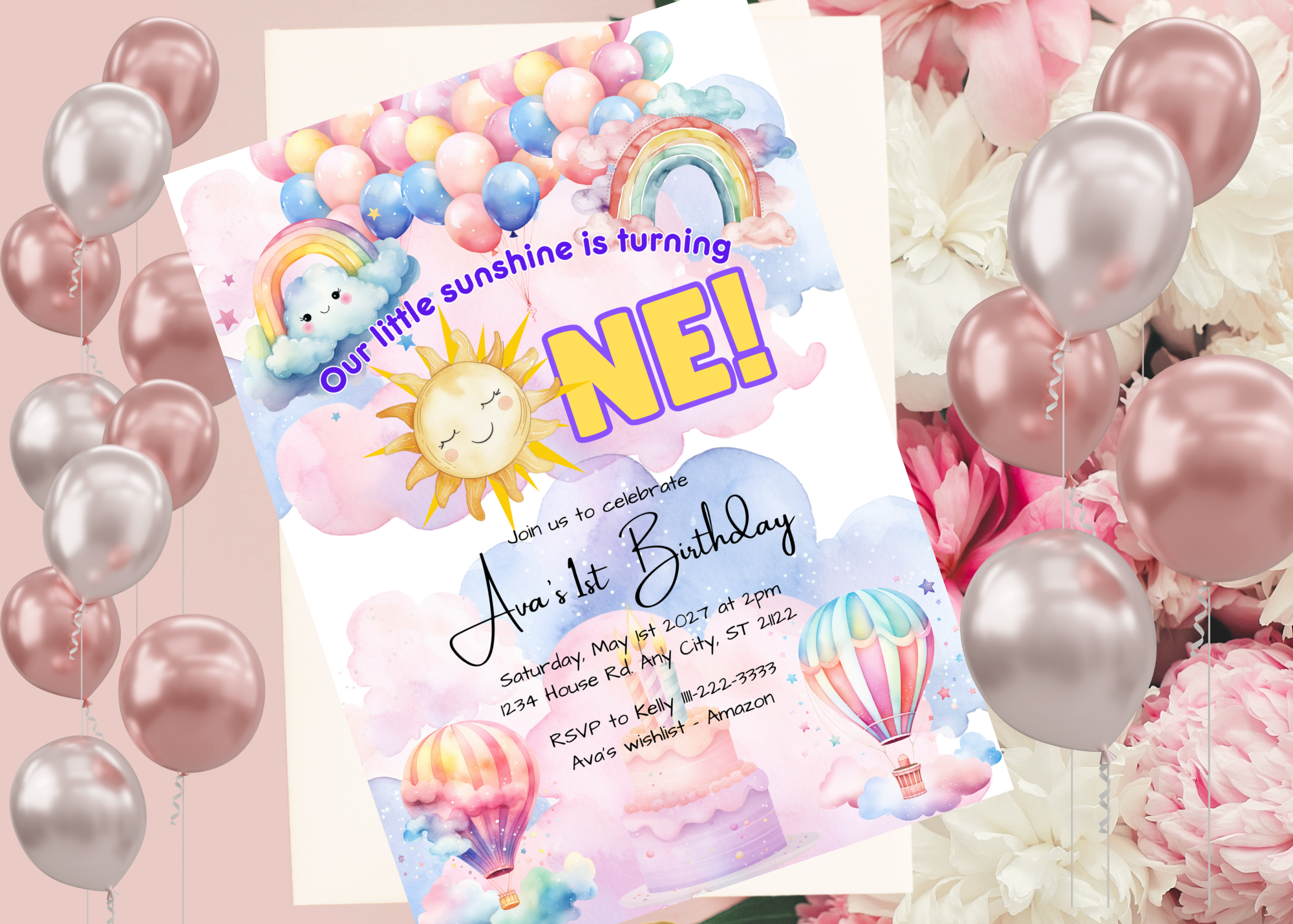 Sunshine Rainbows Invitation | Our Little Sunshine is Turning ONE! | Digital Download | Canva Template | editable Text | 1st birthday