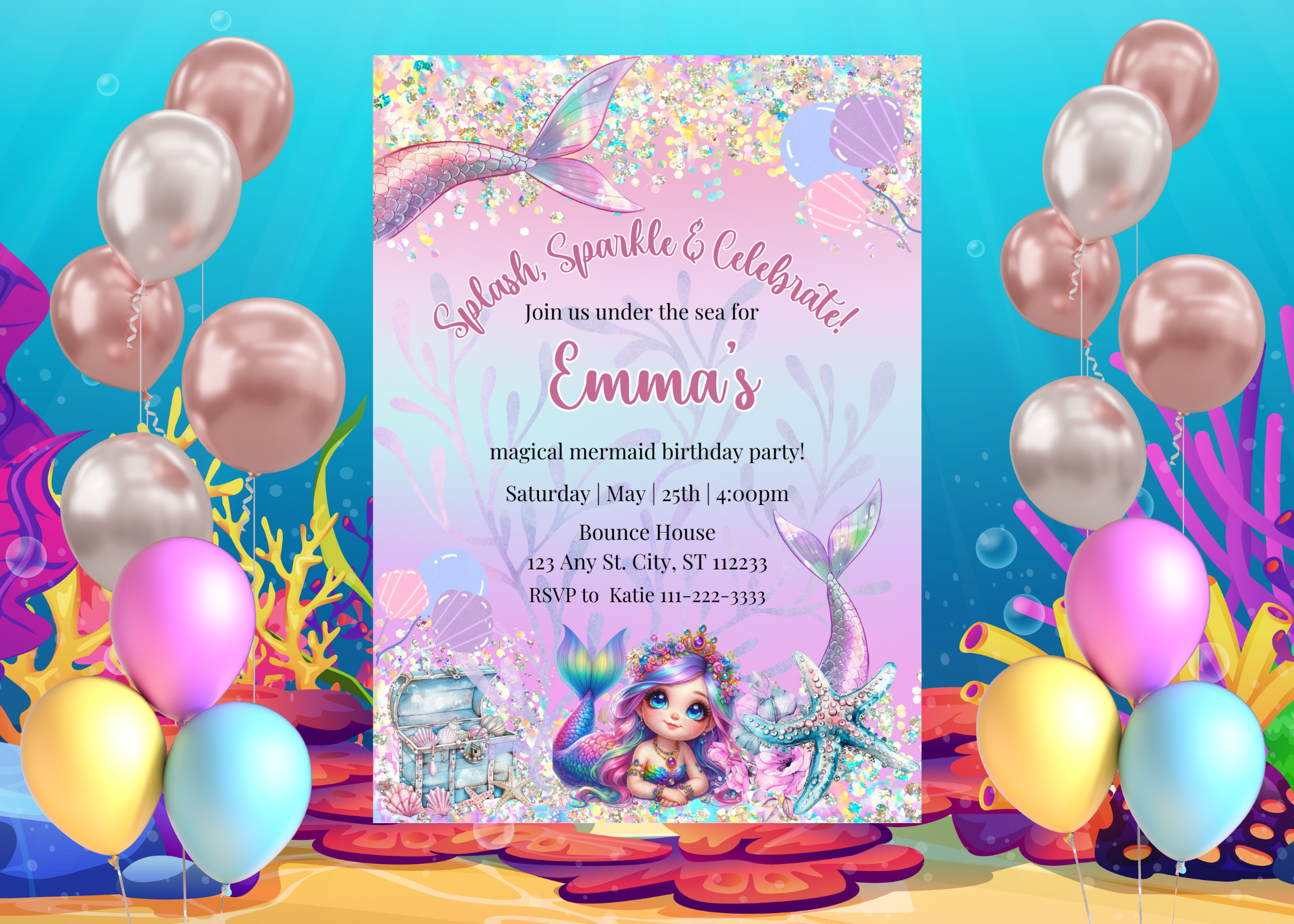 Mermaid Birthday Invitation | Under the Sea Party | Editable Canva Template | Instant Download