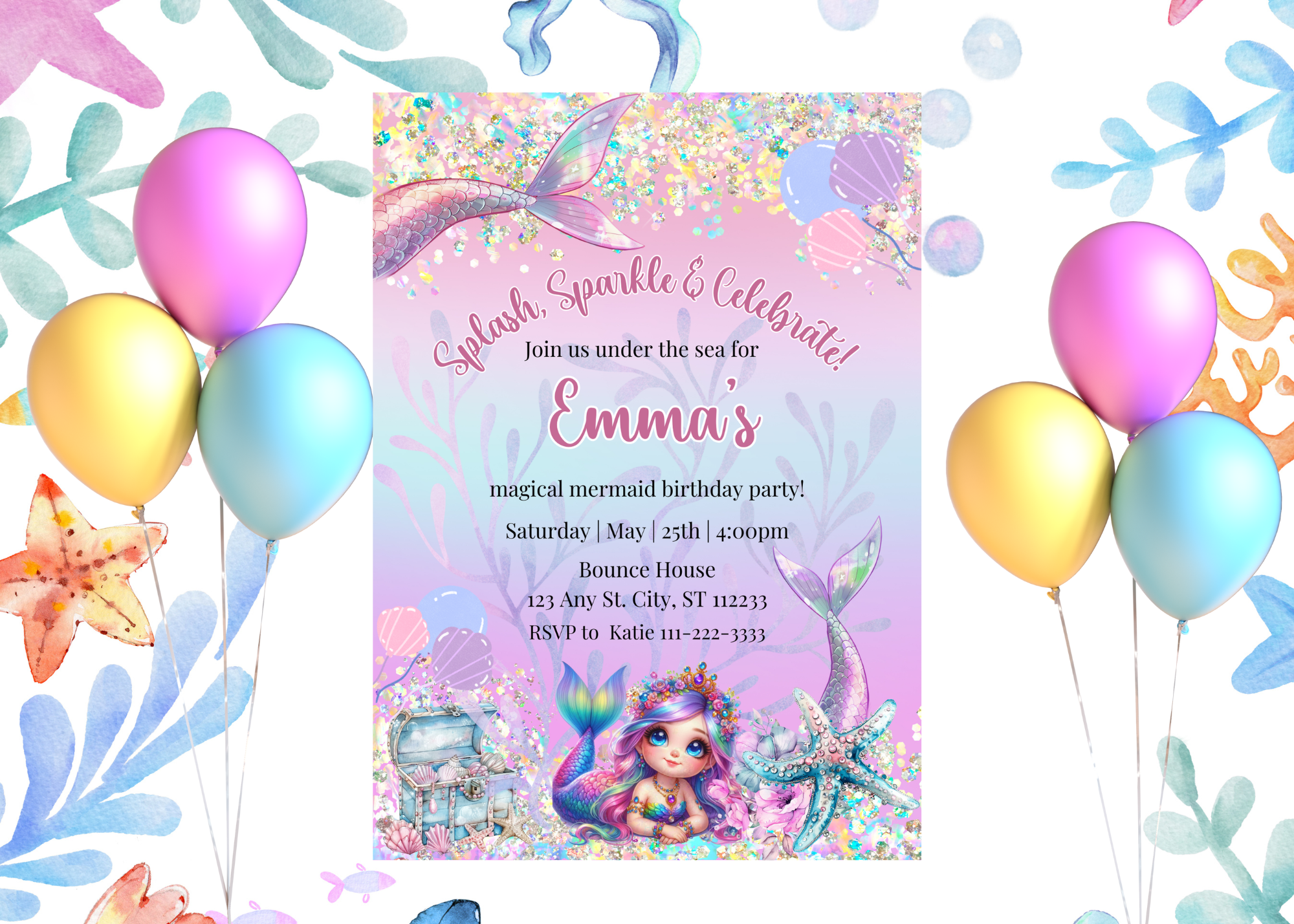 Mermaid Birthday Invitation | Under the Sea Party | Editable Canva Template | Instant Download
