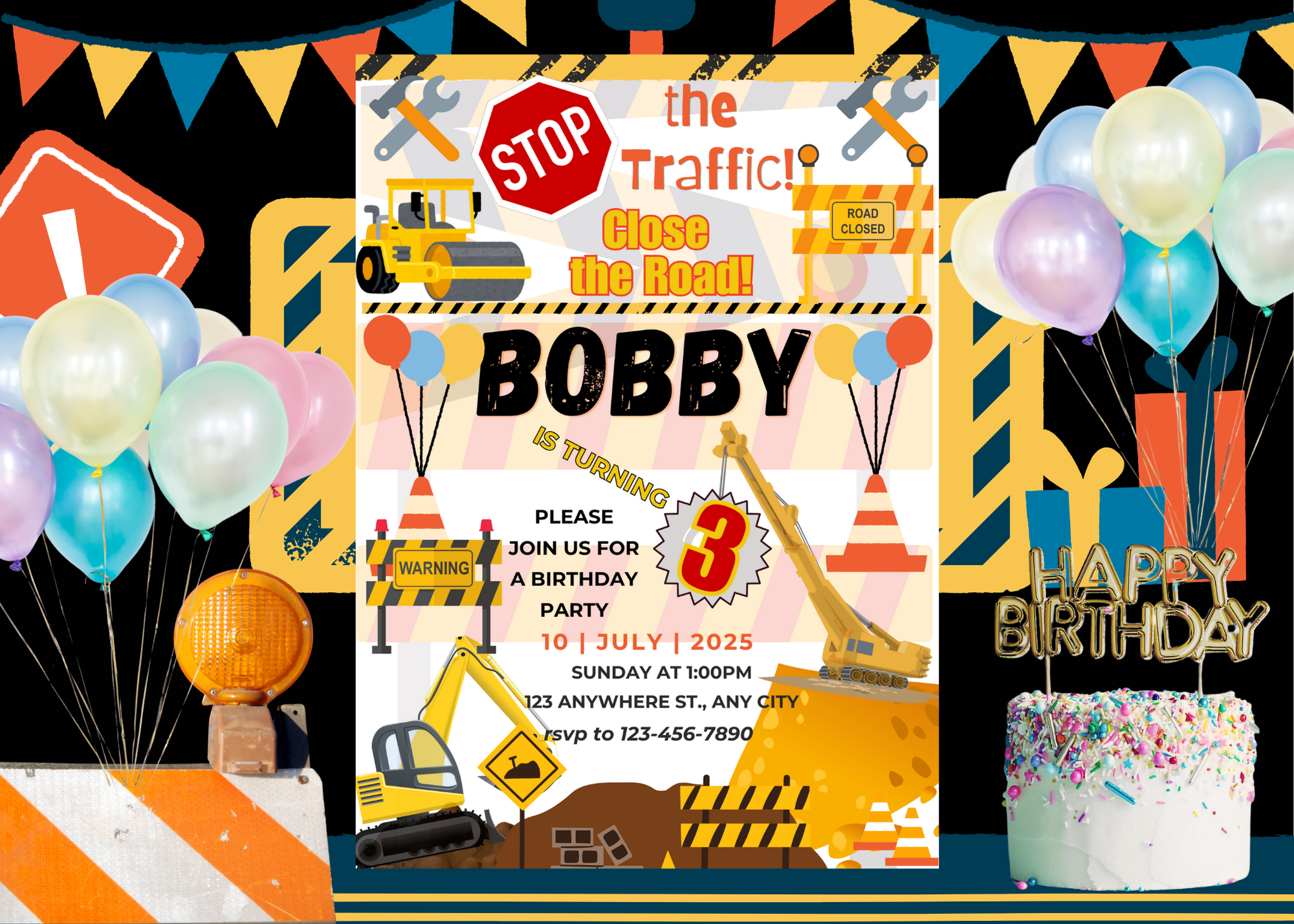 Kids Construction Birthday Invitation 🚜 | Editable Canva Template | Digital Download | Bright & Fun Construction Party Invite | Instant Access