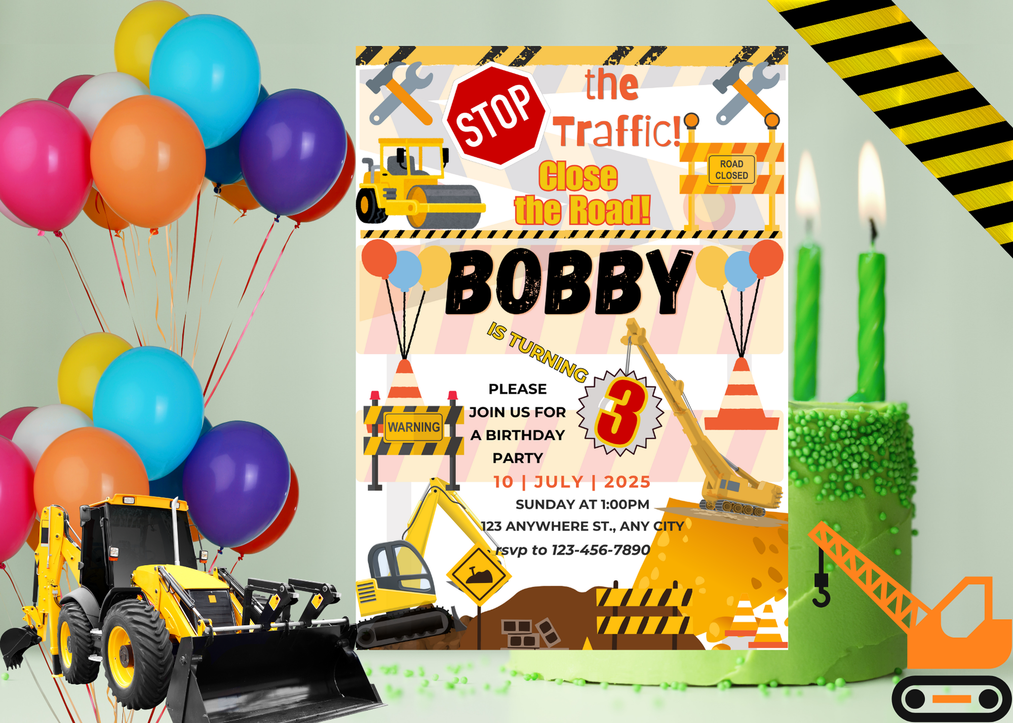 Kids Construction Birthday Invitation 🚜 | Editable Canva Template | Digital Download | Bright & Fun Construction Party Invite | Instant Access 