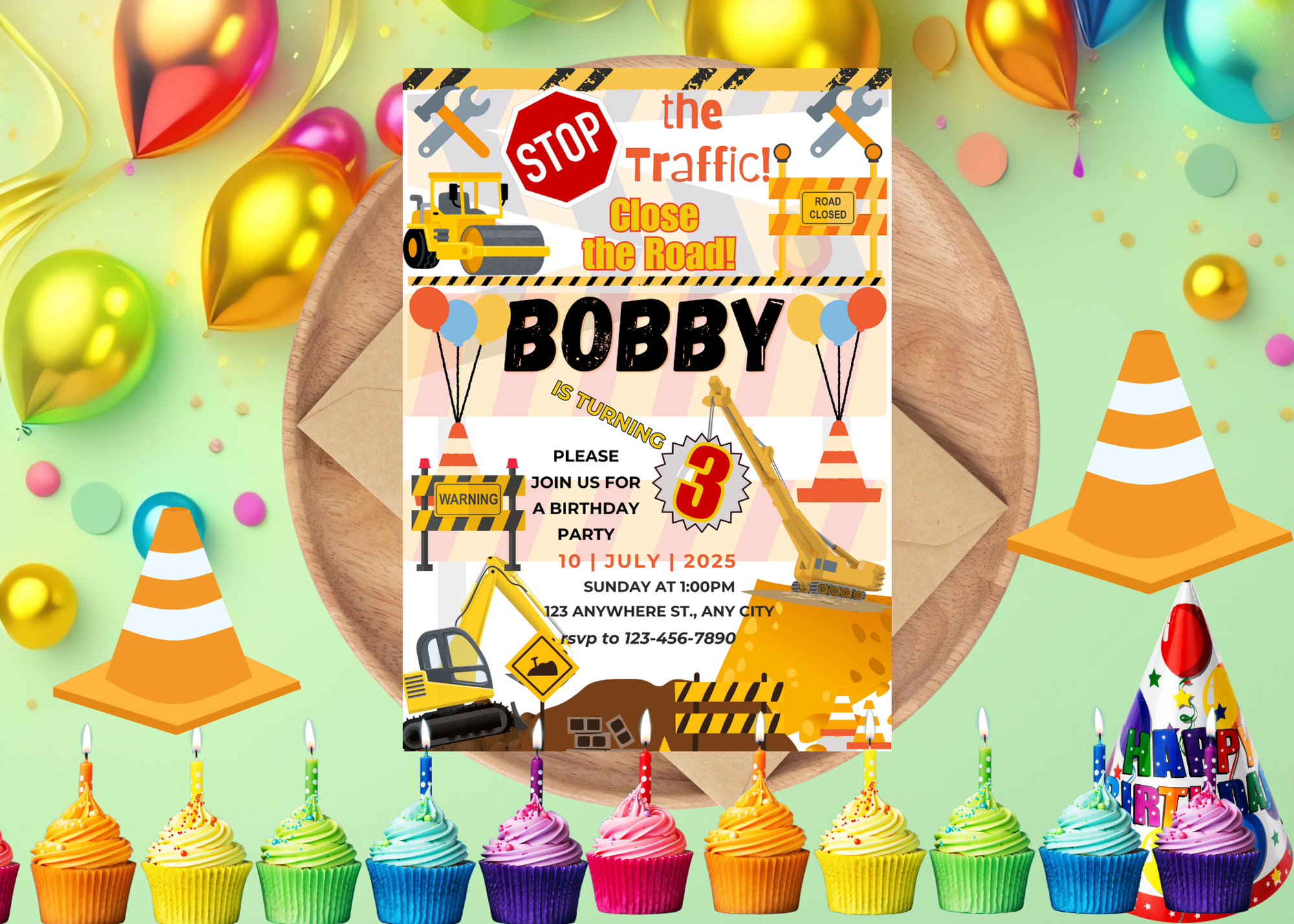 Kids Construction Birthday Invitation 🚜 | Editable Canva Template | Digital Download | Bright & Fun Construction Party Invite | Instant Access 