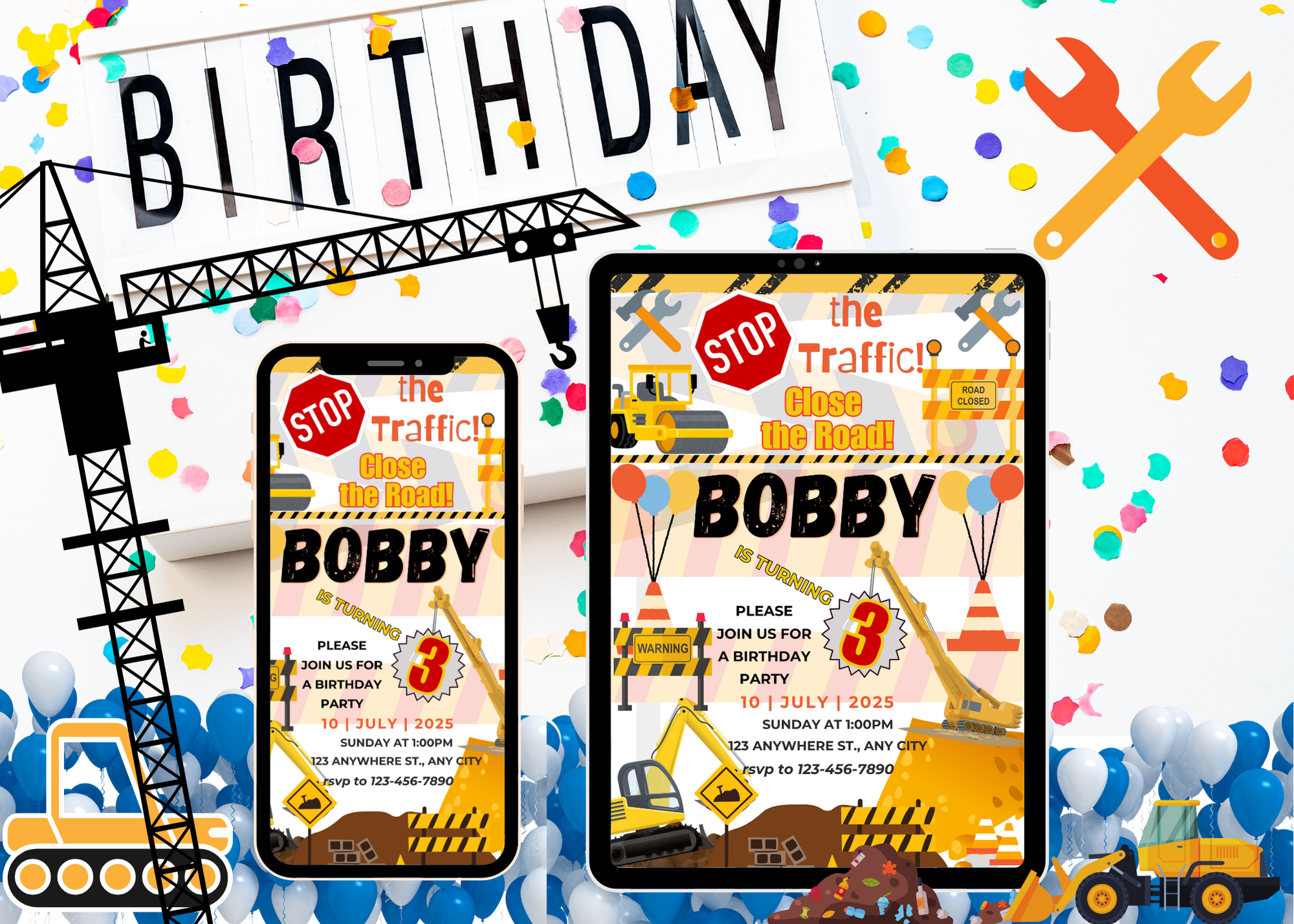 Kids Construction Birthday Invitation 🚜 | Editable Canva Template | Digital Download | Bright & Fun Construction Party Invite | Instant Access 