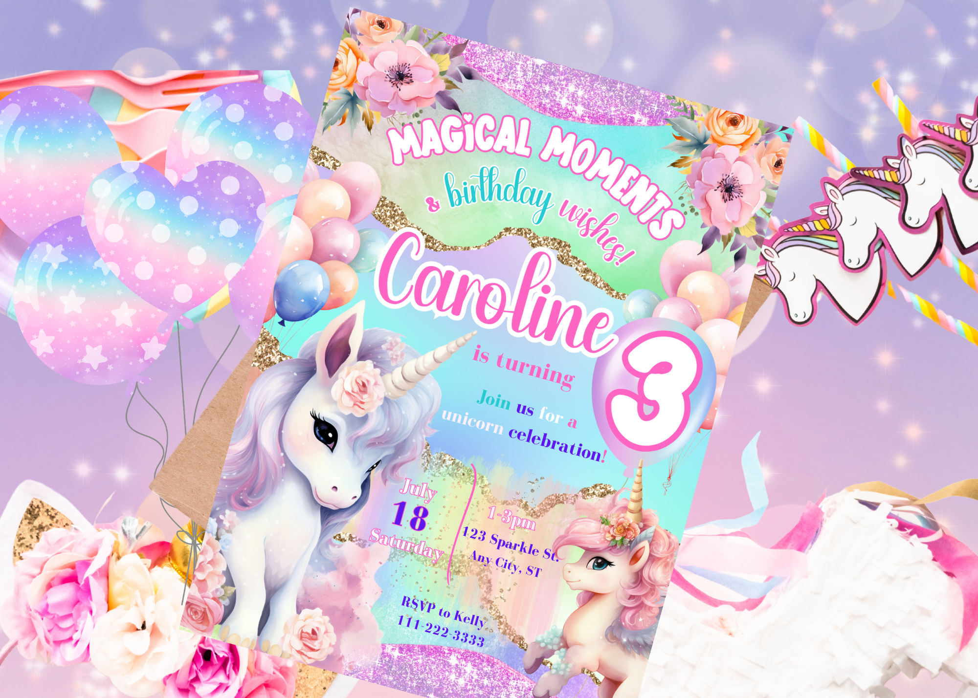 Magical Moments Unicorn Sparkle Floral Birthday Invitation | Editable Digital Invite | Girl’s Birthday Party | Instant Download  Description:
