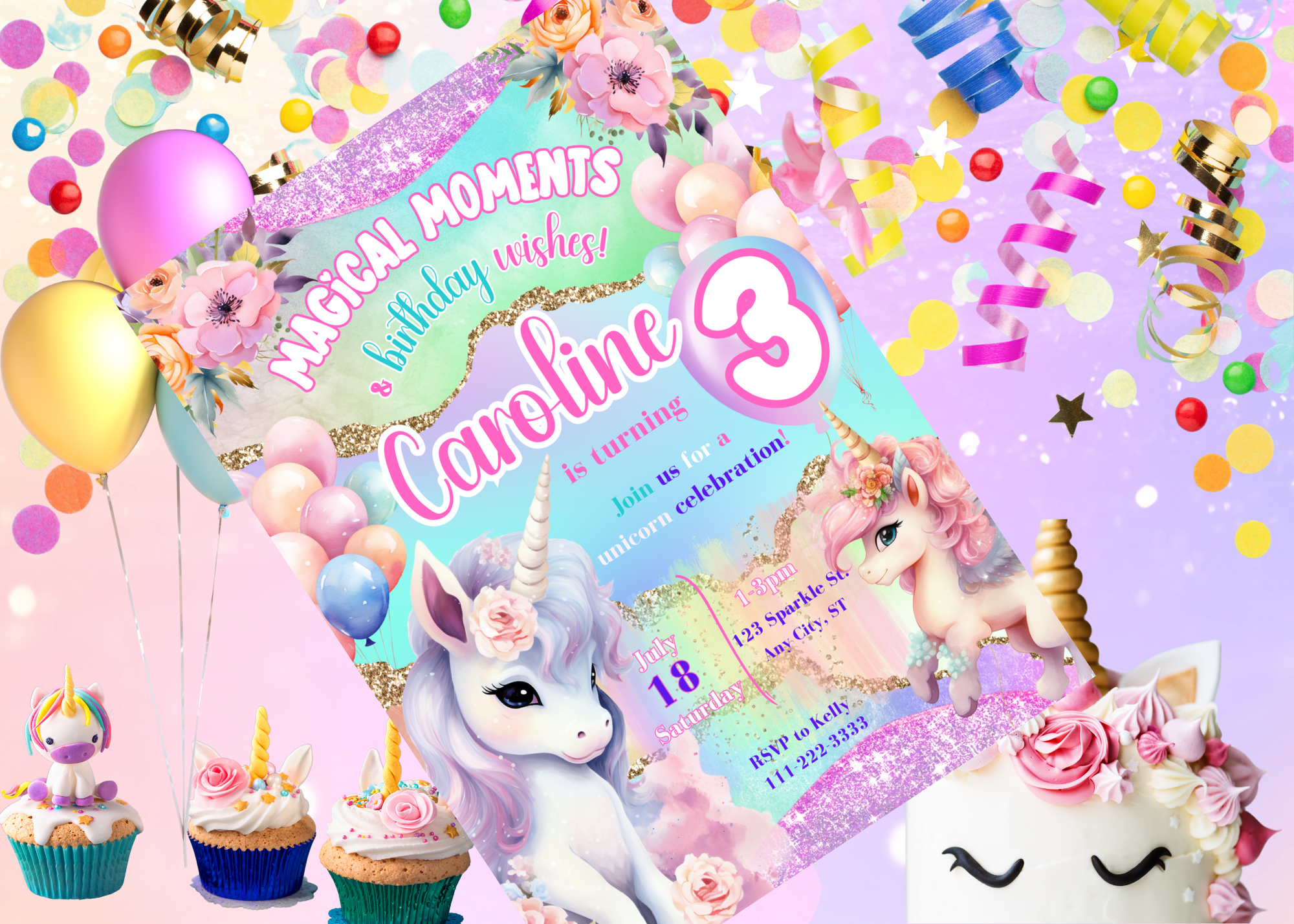 Magical Moments Unicorn Sparkle Floral Birthday Invitation | Editable Digital Invite | Girl’s Birthday Party | Instant Download  Description: