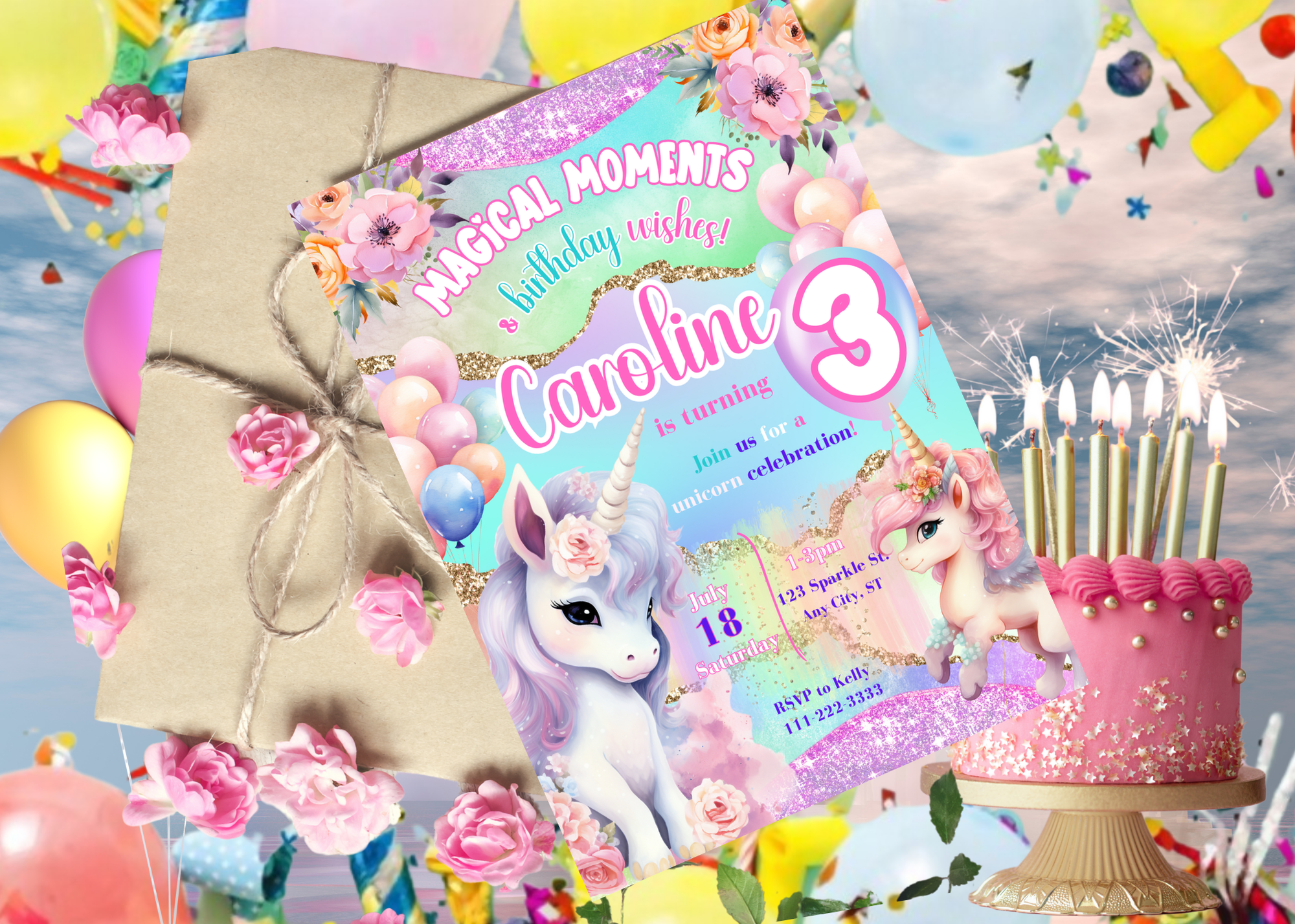 Magical Moments Unicorn Sparkle Floral Birthday Invitation | Editable Digital Invite | Girl’s Birthday Party | Instant Download Description: