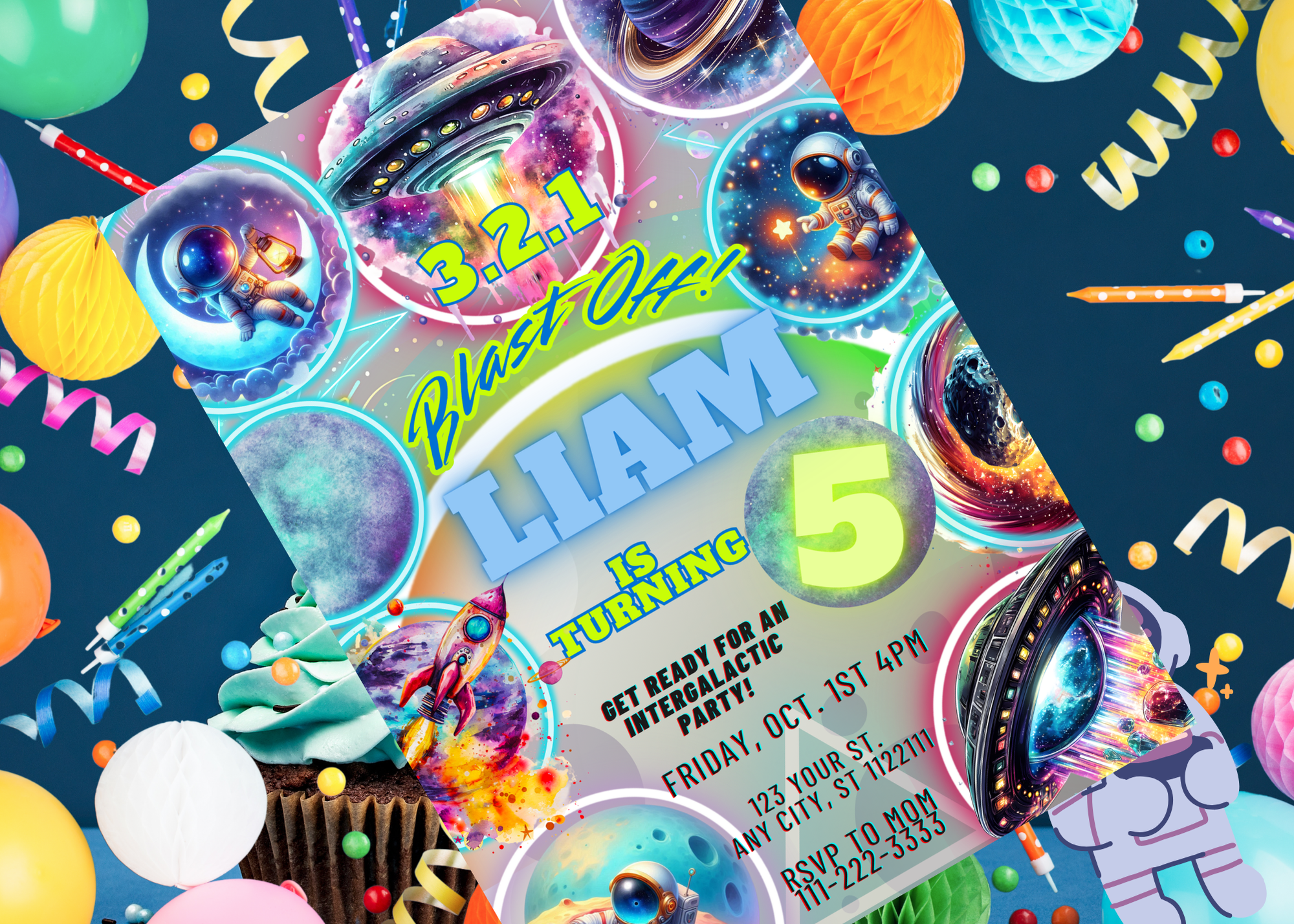 Intergalactic Birthday Party Invitation | Outer Space Neon Glow Birthday Invitation | Editable Canva Template | Digital Download