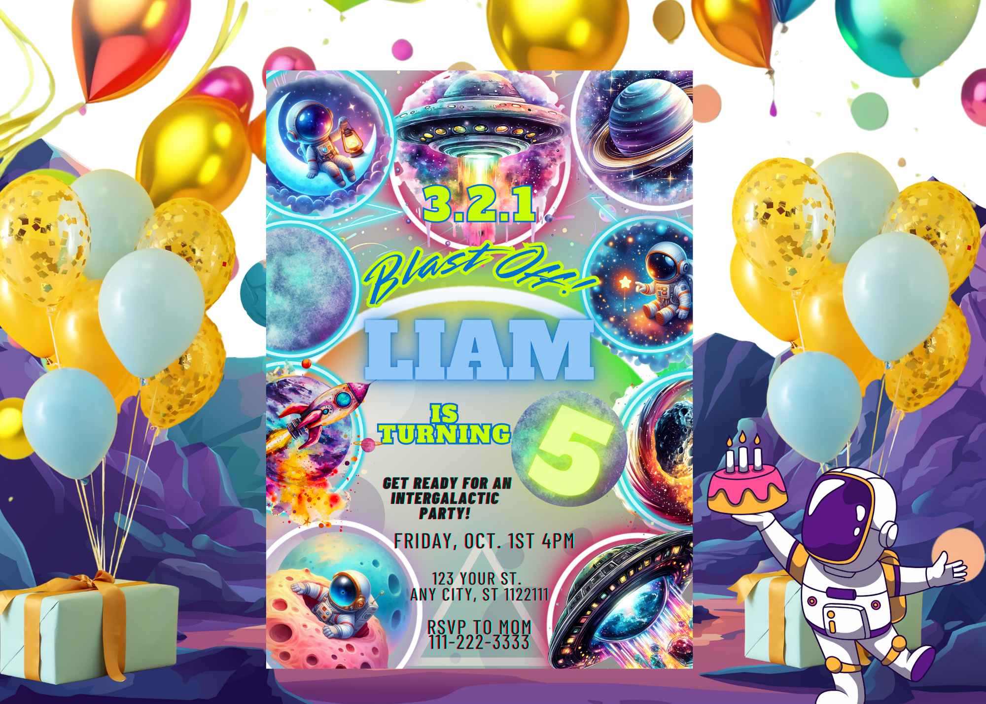 Intergalactic Birthday Party Invitation | Outer Space Neon Glow Birthday Invitation | Editable Canva Template | Digital Download