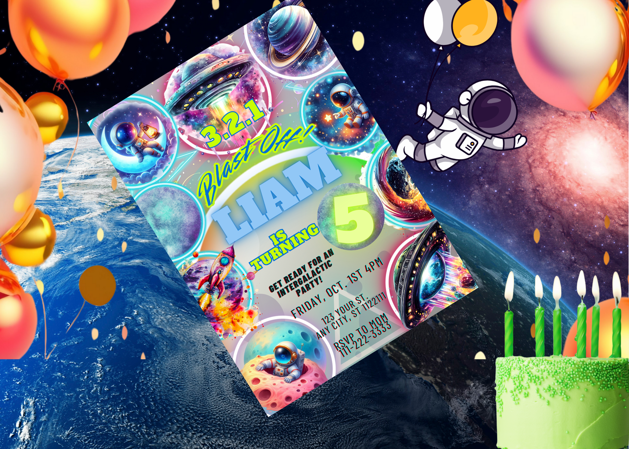 Intergalactic Birthday Party Invitation | Outer Space Neon Glow Birthday Invitation | Editable Canva Template | Digital Download