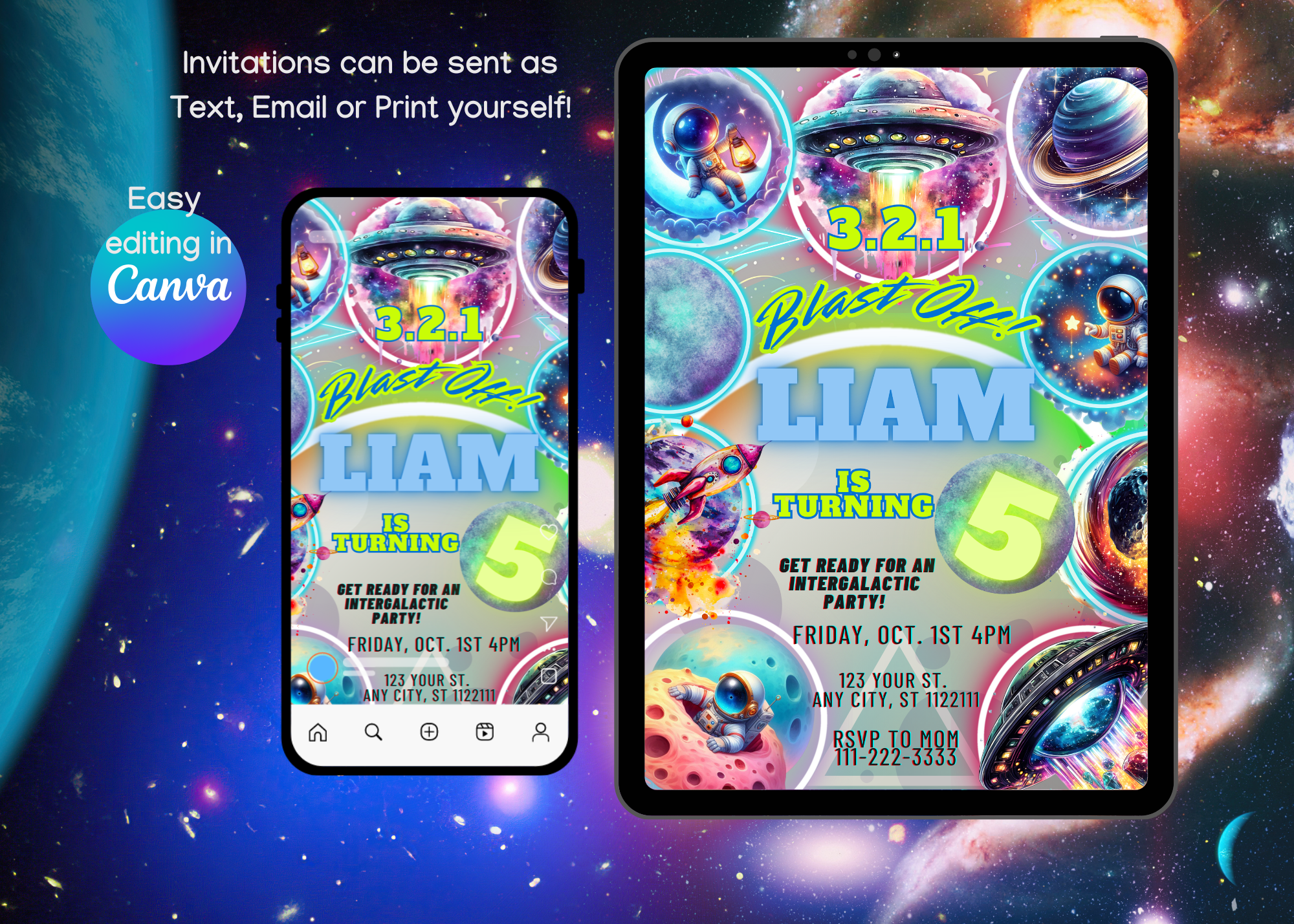 Intergalactic Birthday Party Invitation | Outer Space Neon Glow Birthday Invitation | Editable Canva Template | Digital Download