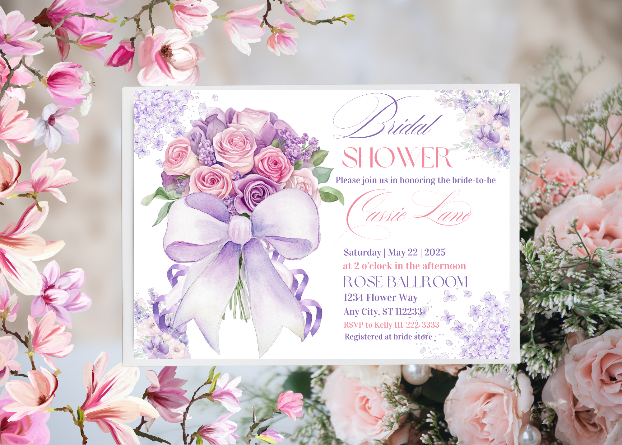Lavender Rose Bouquet Bridal Shower Invitation | Purple Bow Floral Invitation | Elegant Bridal Shower Canva Template | Digital Download
