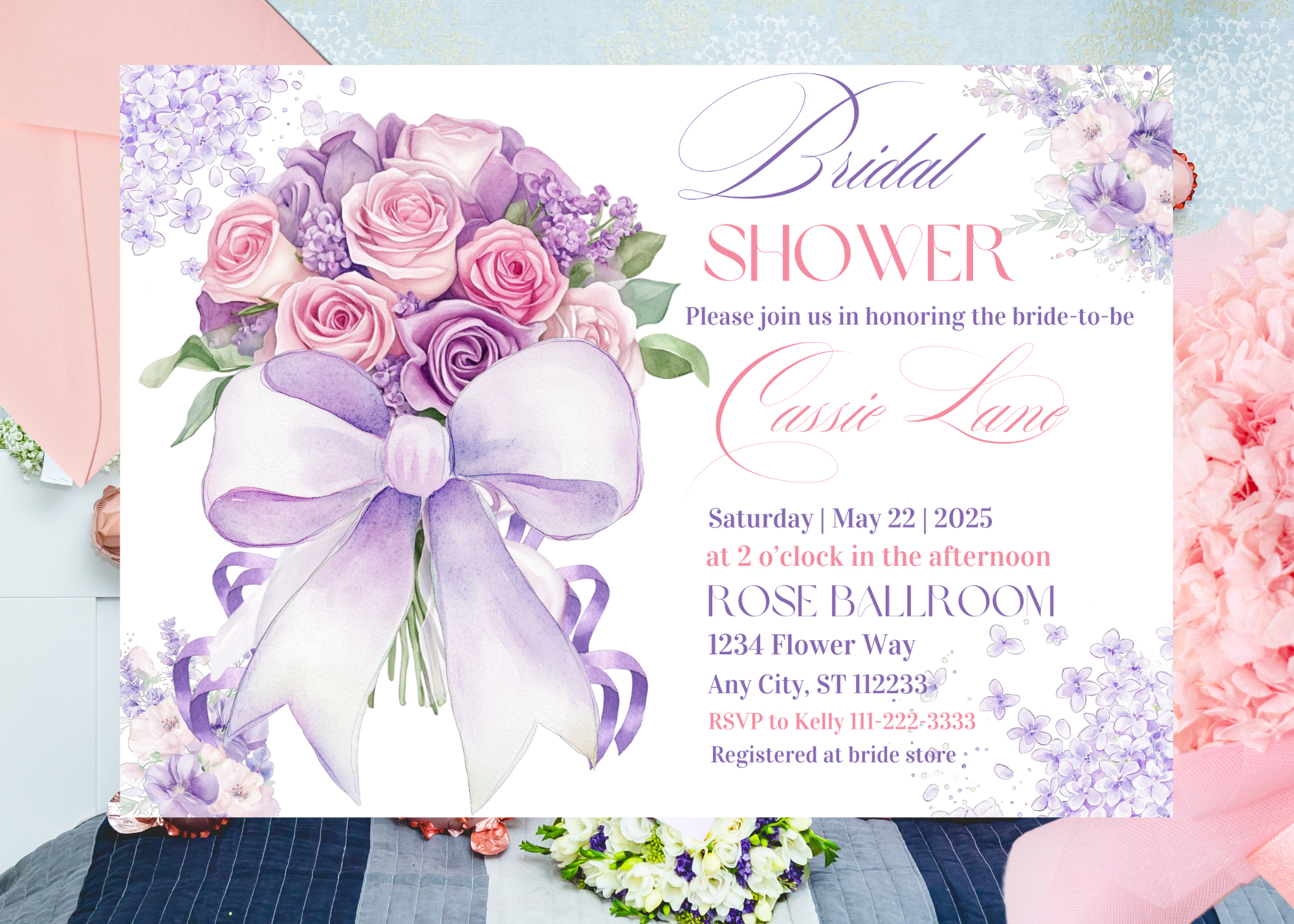 Lavender Rose Bouquet Bridal Shower Invitation | Purple Bow Floral Invitation | Elegant Bridal Shower Canva Template | Digital Download