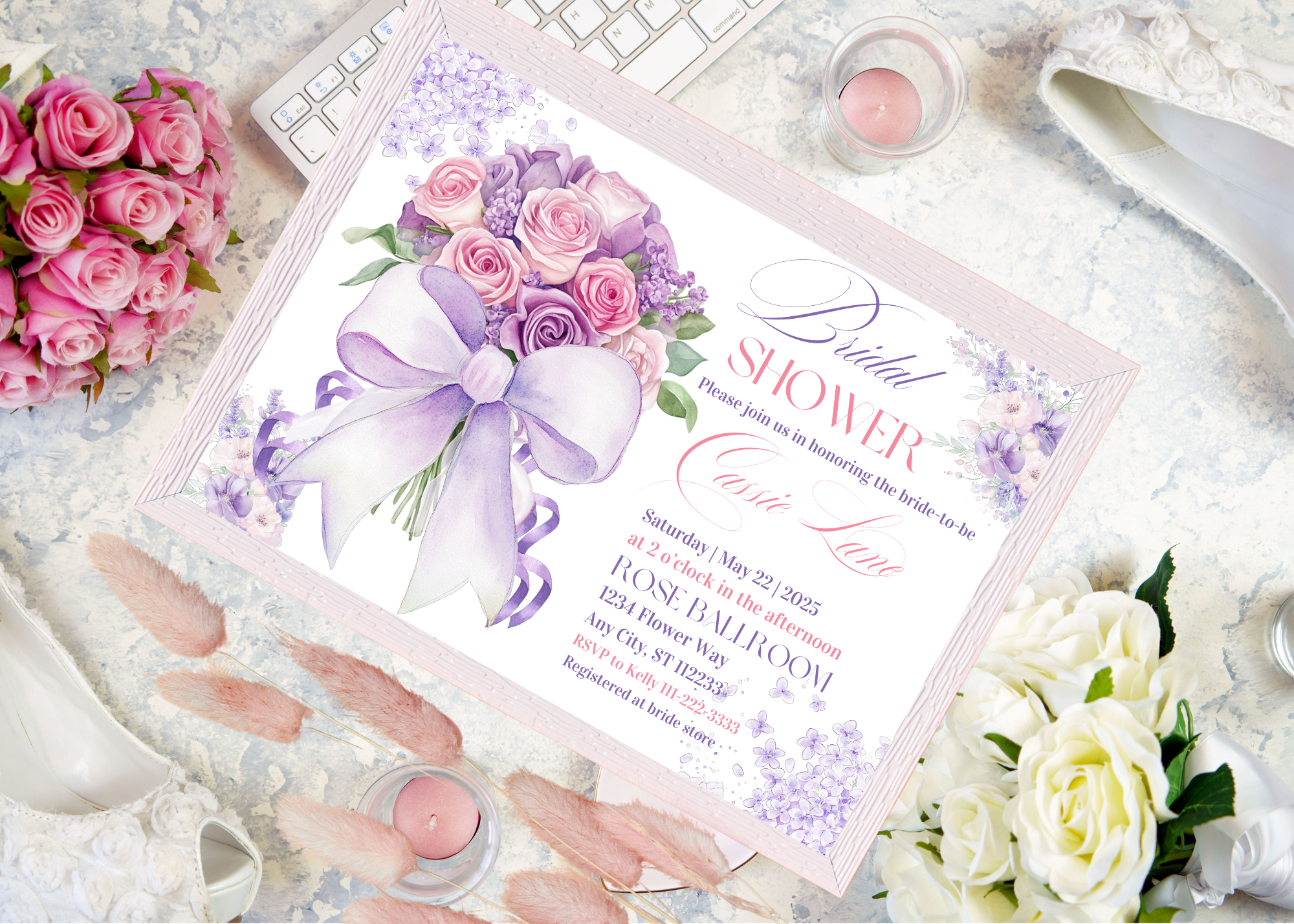 Lavender Rose Bouquet Bridal Shower Invitation | Purple Bow Floral Invitation | Elegant Bridal Shower Canva Template | Digital Download