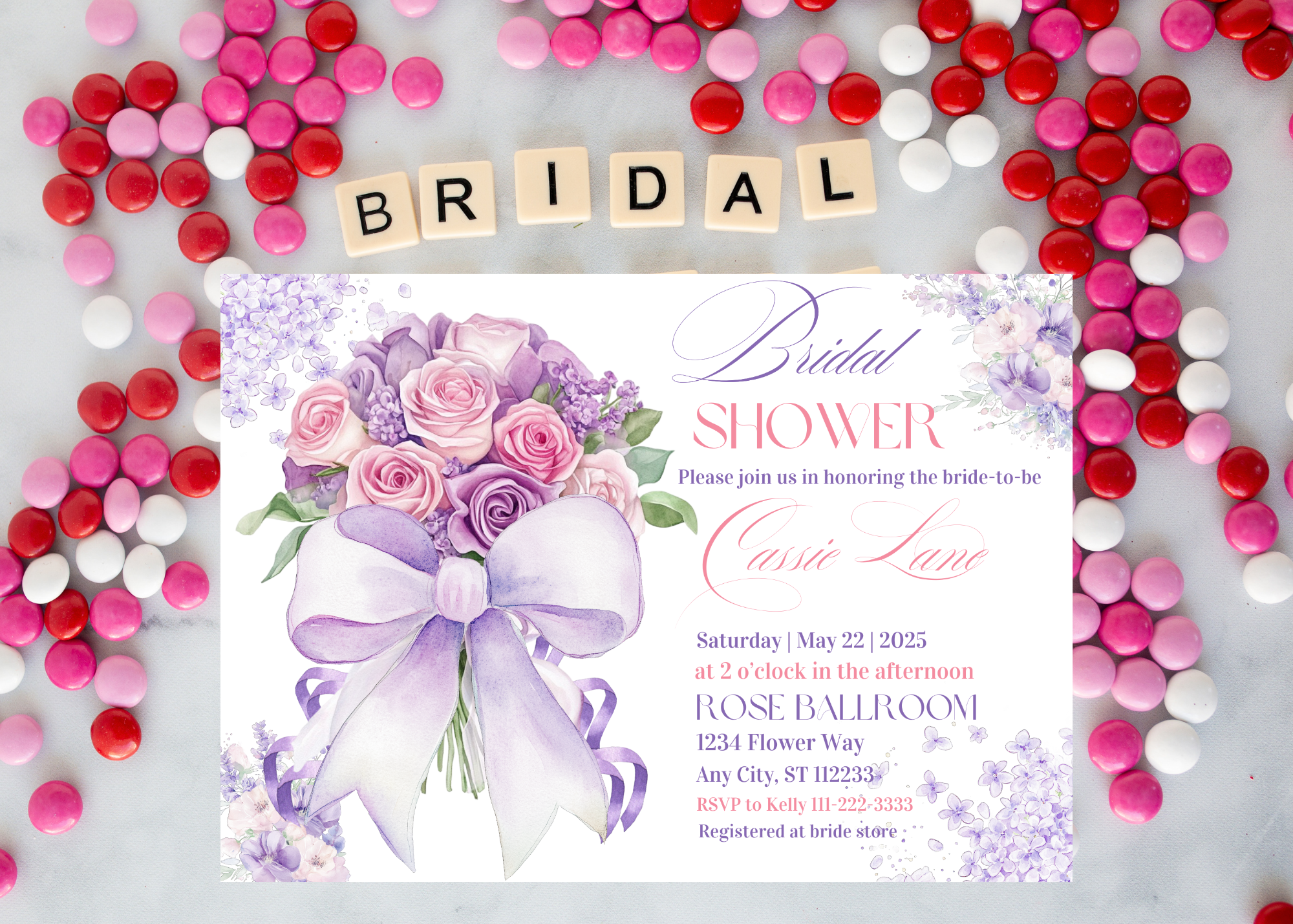Lavender Rose Bouquet Bridal Shower Invitation | Purple Bow Floral Invitation | Elegant Bridal Shower Canva Template | Digital Download