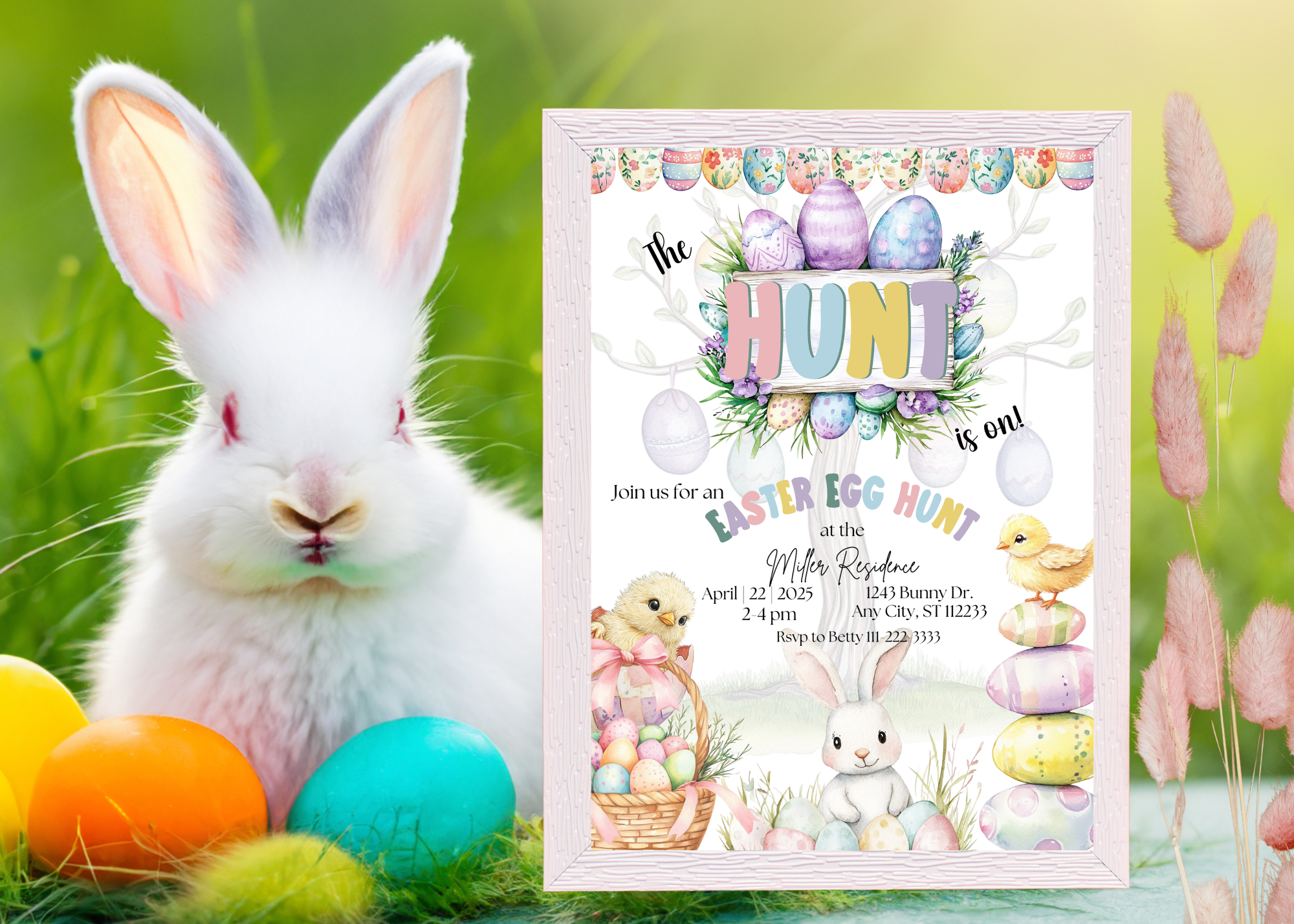The Hunt Is On Easter Egg Hunt Invitation | Editable Canva Template | Easter Party Invite | Bunny Chick Egg Invite | Instant Download