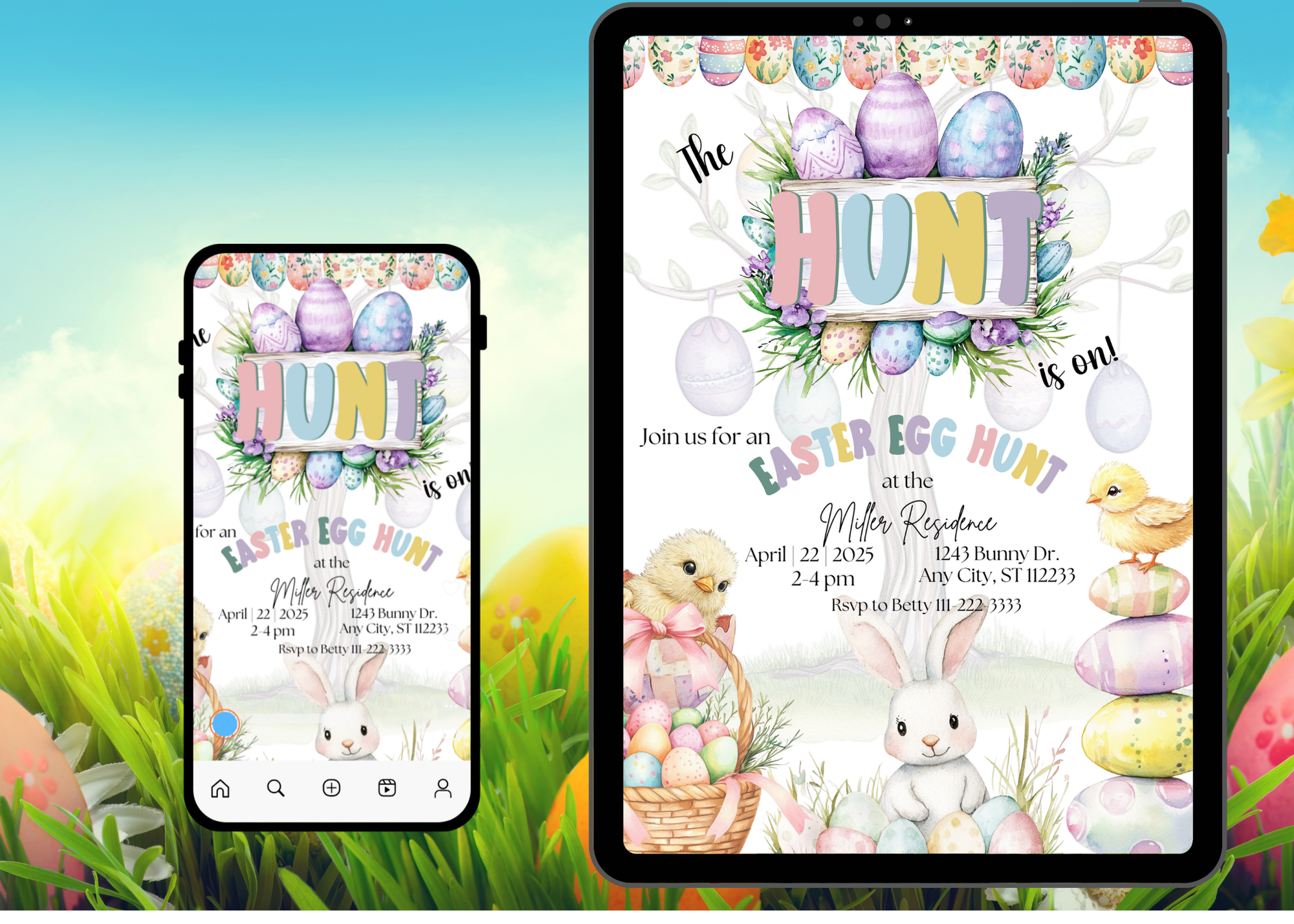 The Hunt Is On Easter Egg Hunt Invitation | Editable Canva Template | Easter Party Invite | Bunny Chick Egg Invite | Instant Download