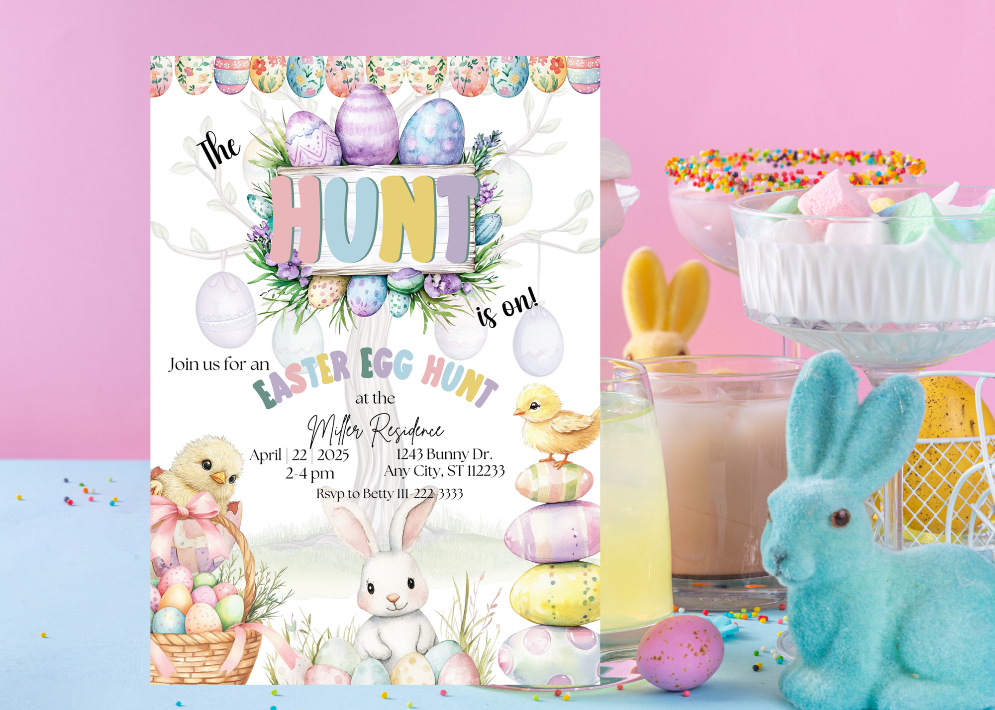 The Hunt Is On Easter Egg Hunt Invitation | Editable Canva Template | Easter Party Invite | Bunny Chick Egg Invite | Instant Download