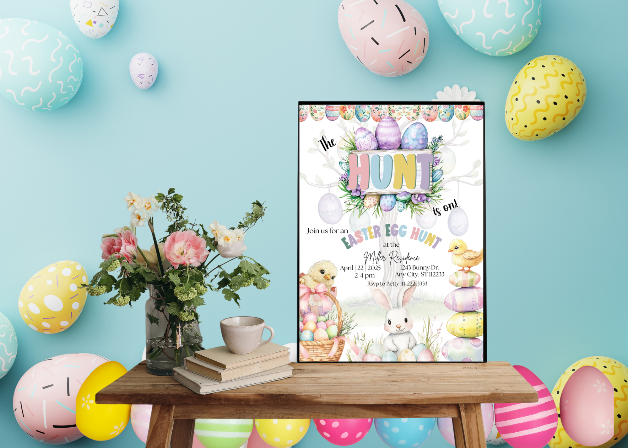 The Hunt Is On Easter Egg Hunt Invitation | Editable Canva Template | Easter Party Invite | Bunny Chick Egg Invite | Instant Download