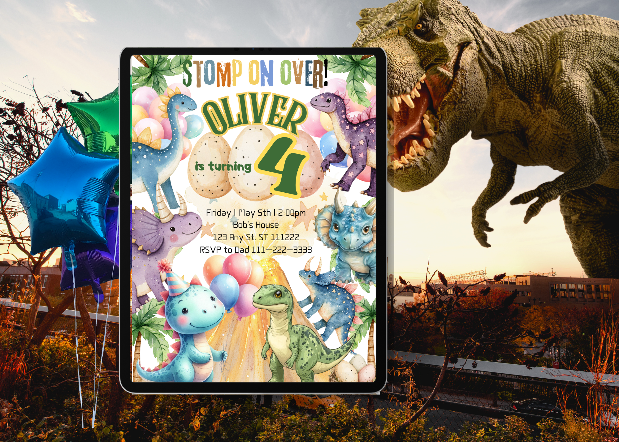  Stomp On Over! Dinosaur Birthday Invitation | Digital Canva Template | Dino Party Invite | Editable & Printable | Instant Download
