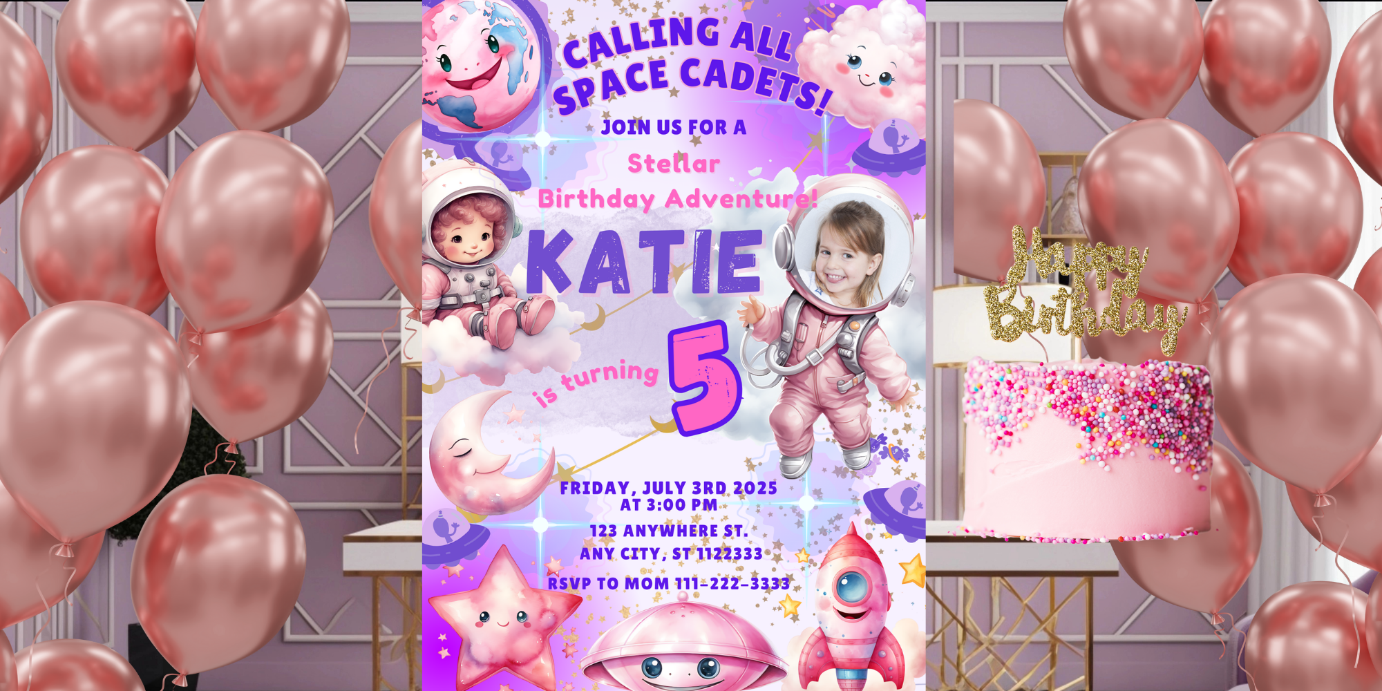 Personalized Outer Space Birthday Invitation | Pink & Purple Galaxy Party Invite | Digital Download