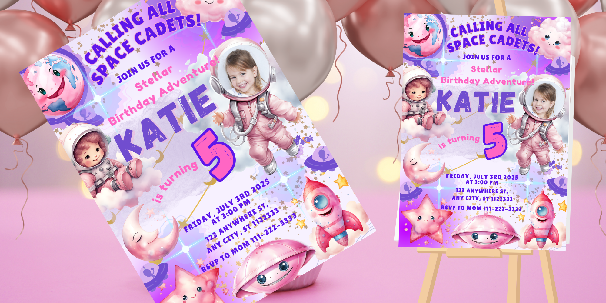 Personalized Outer Space Birthday Invitation | Pink & Purple Galaxy Party Invite | Digital Download