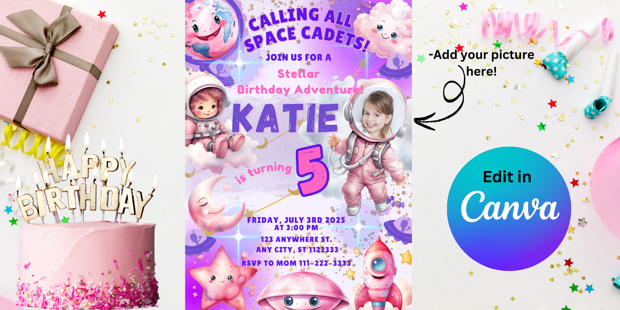 Personalized Outer Space Birthday Invitation | Pink & Purple Galaxy Party Invite | Digital Download